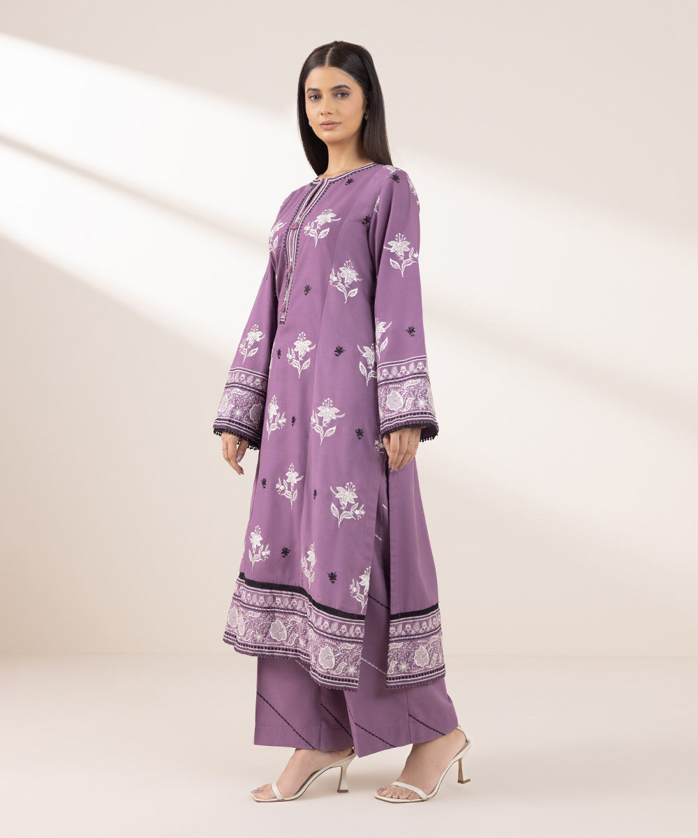 Women's Pret Dull Raw Silk Embroidered Purple A-Line Shirt