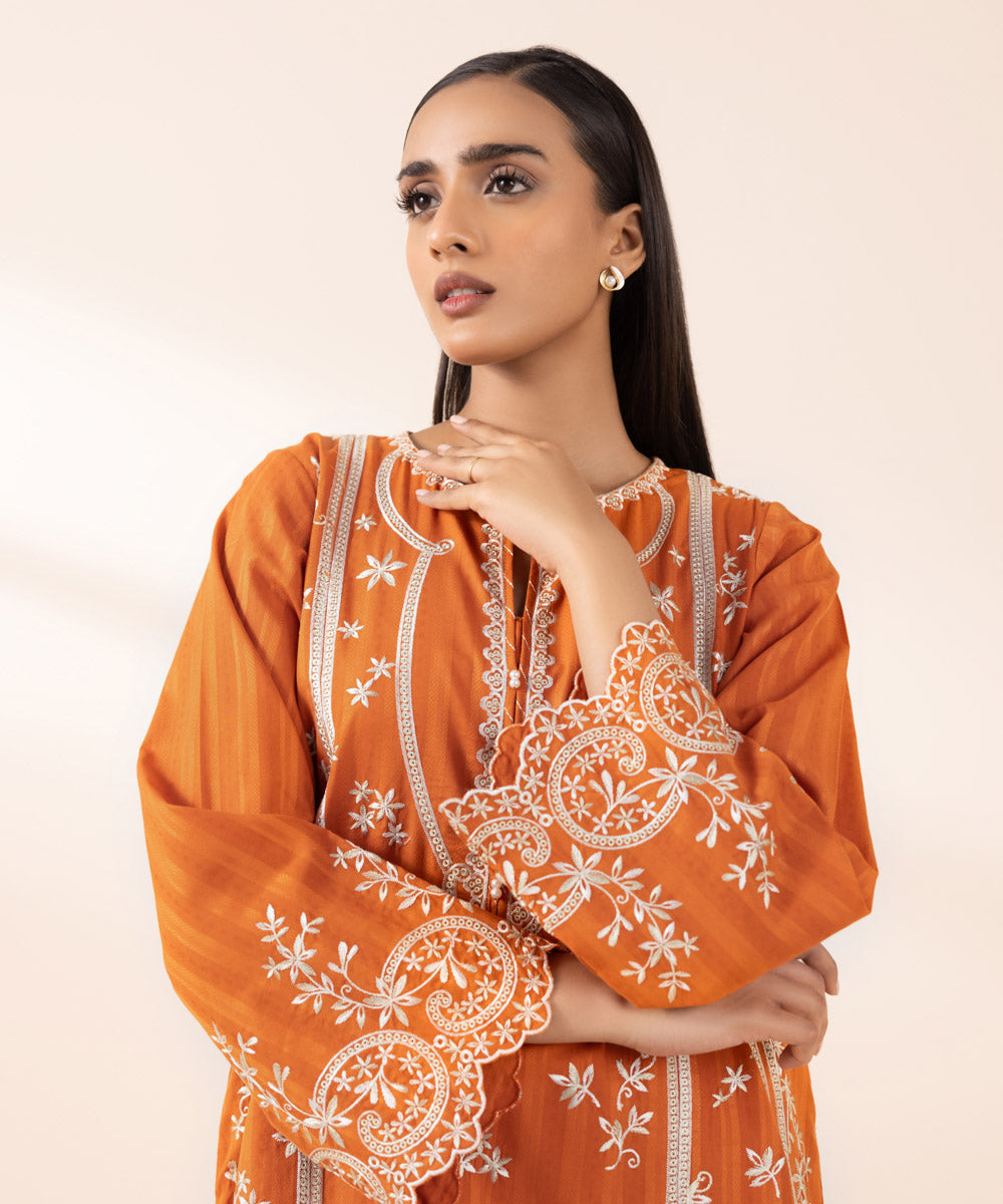 Women's Pret Dobby Orange Embroidered A-Line Shirt