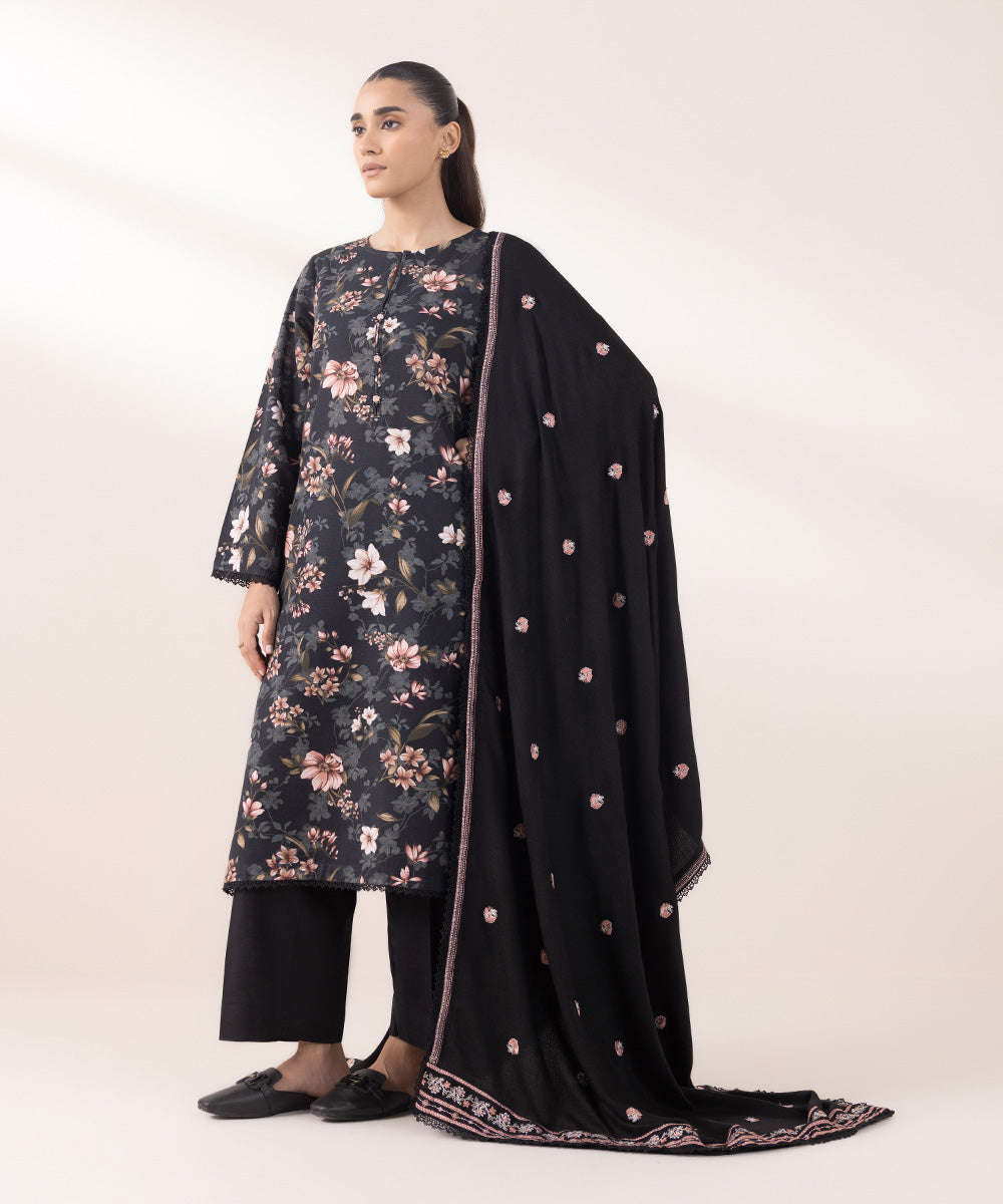 Women's Pret Khaddar Printed Black A-Line Shirt