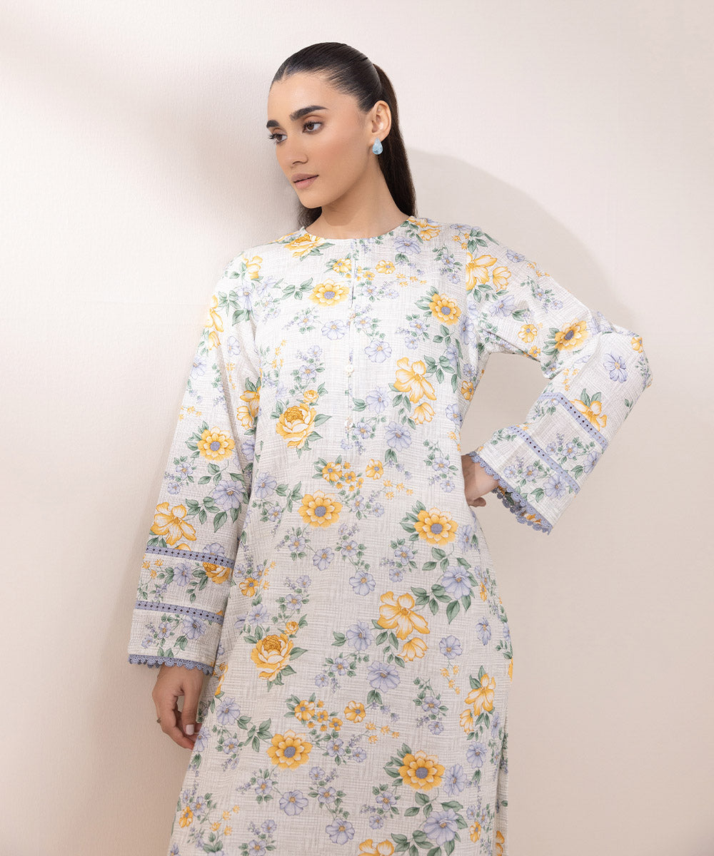 Women's Pret Khaddar Printed Off White A-Line Shirt