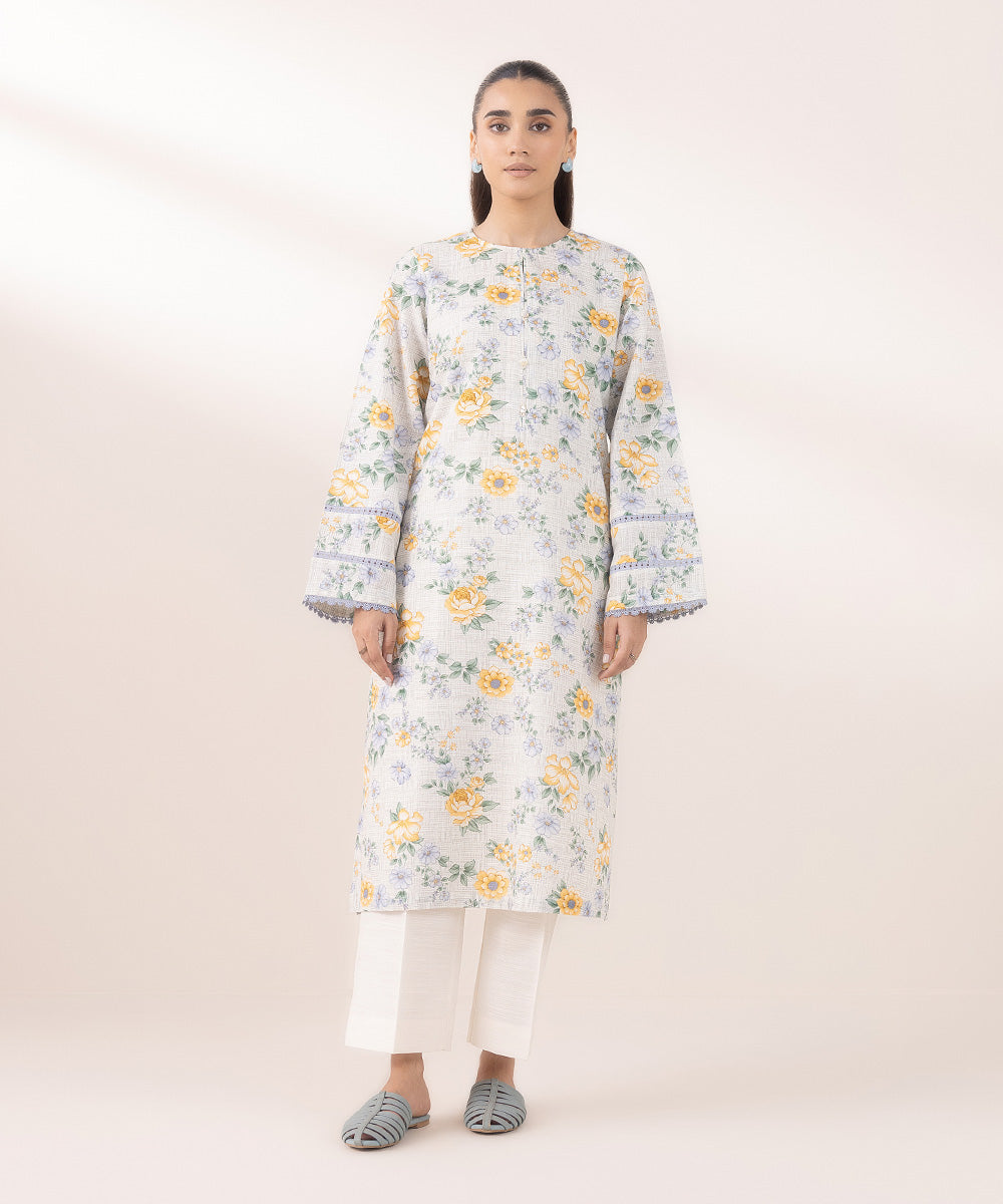 Women's Pret Khaddar Printed Off White A-Line Shirt