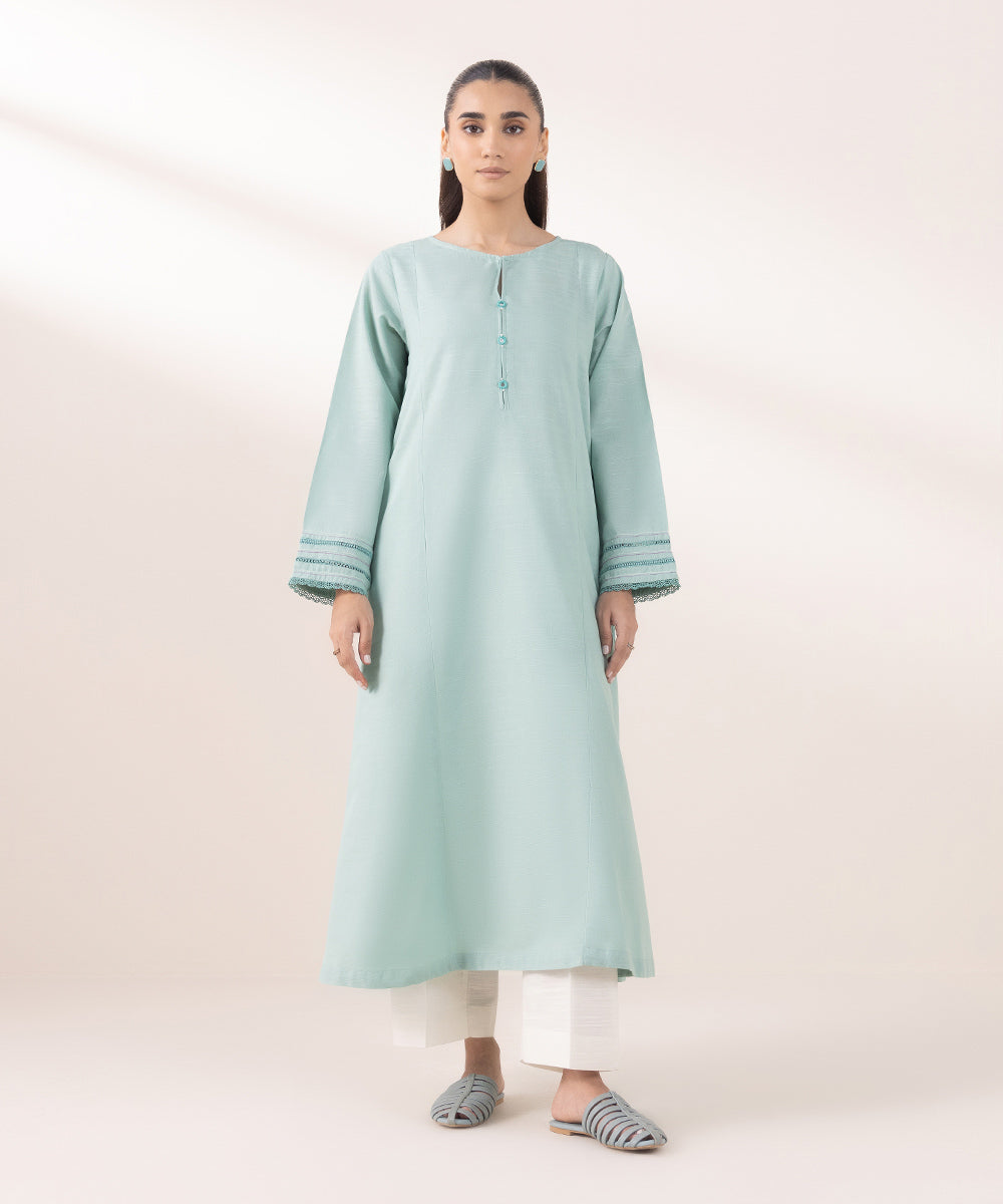 Women's Pret Khaddar Solid Sky Blue A-line Shirt