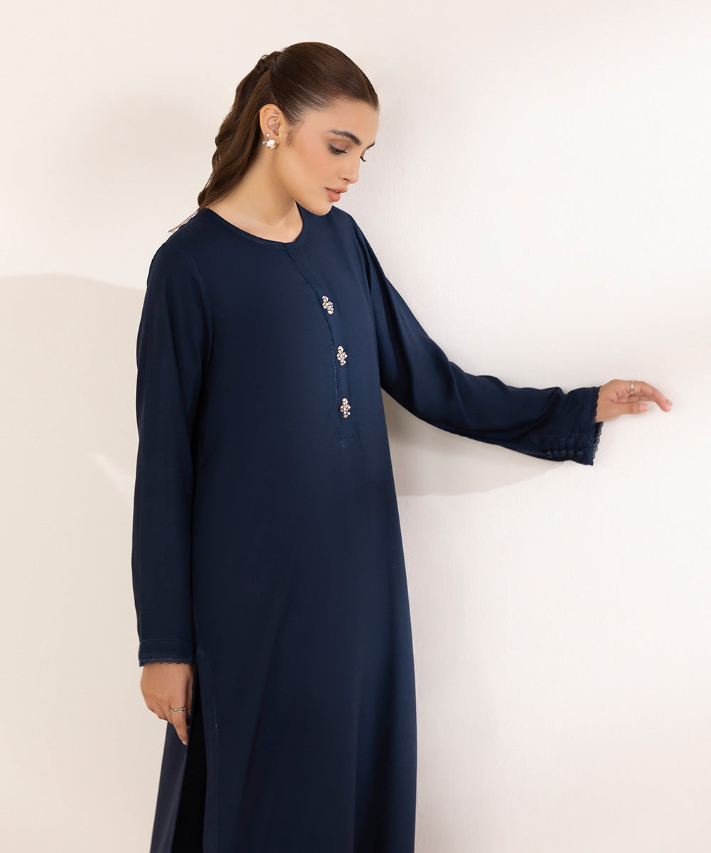 Women's Pret Linen Solid Midnight Blue A-Line Shirt