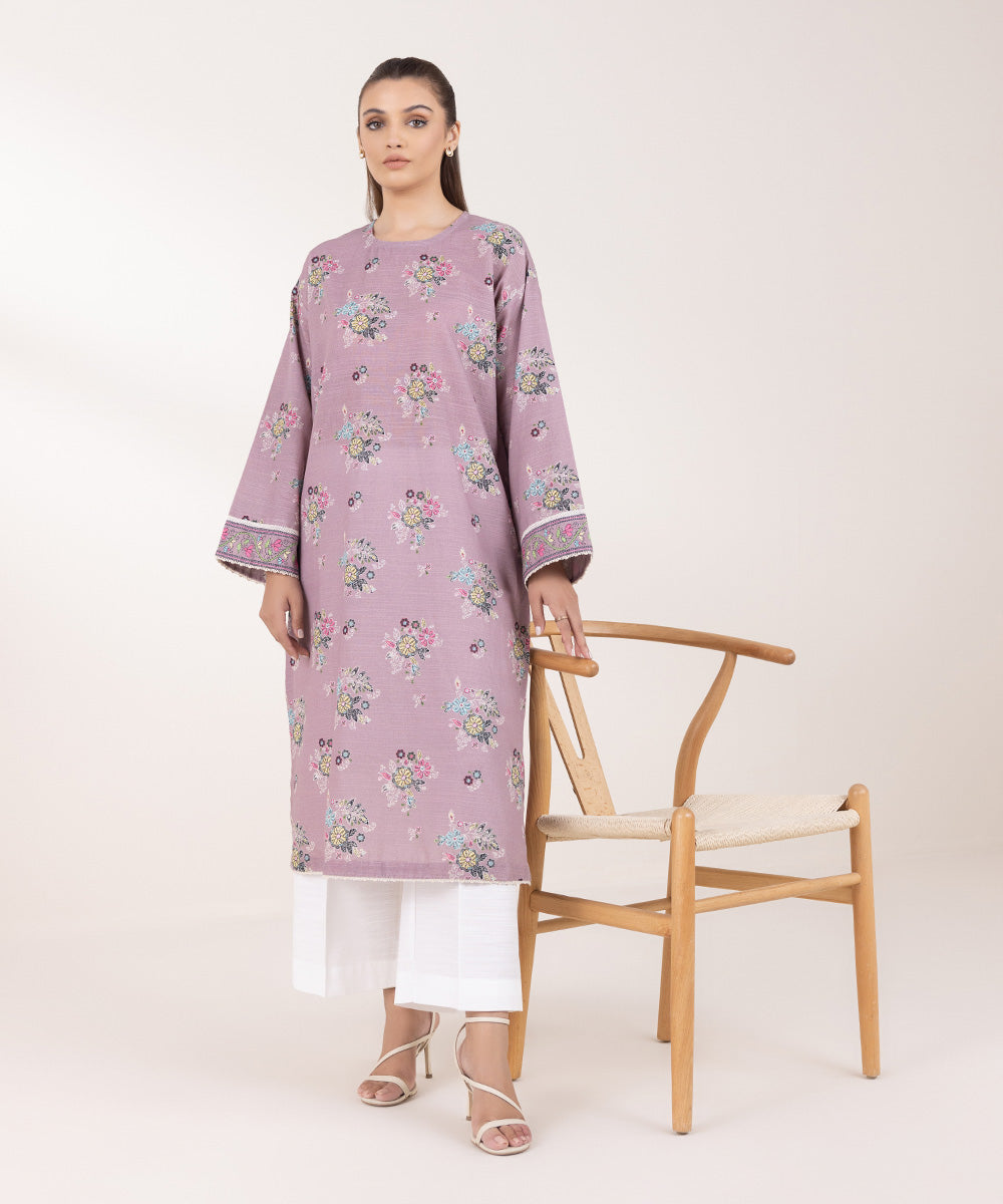 Women's Pret Khaddar Printed Purple Boxy Shirt