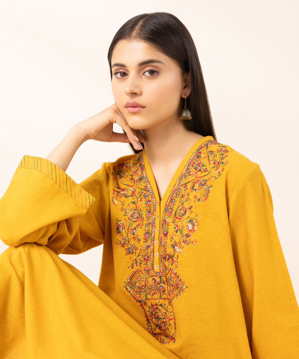 Women's Pret Cotton Jacquard Solid Embroidered Yellow A-Line Shirt