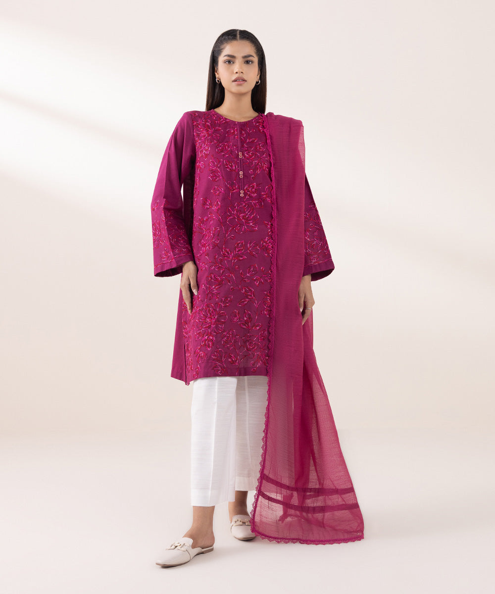 Women's Pret Khaddar Embroidered Magenta A-Line Shirt