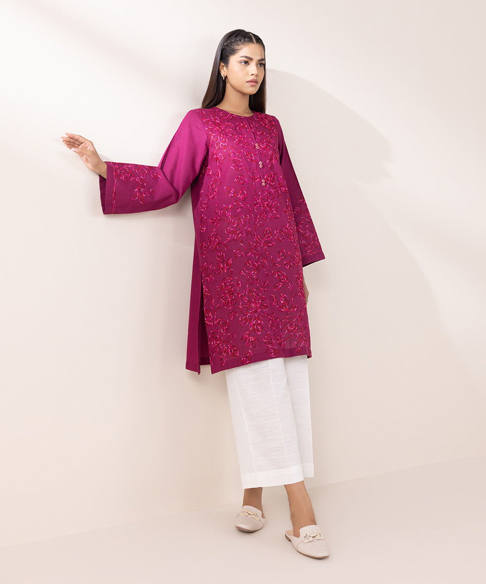 Women's Pret Khaddar Embroidered Magenta A-Line Shirt