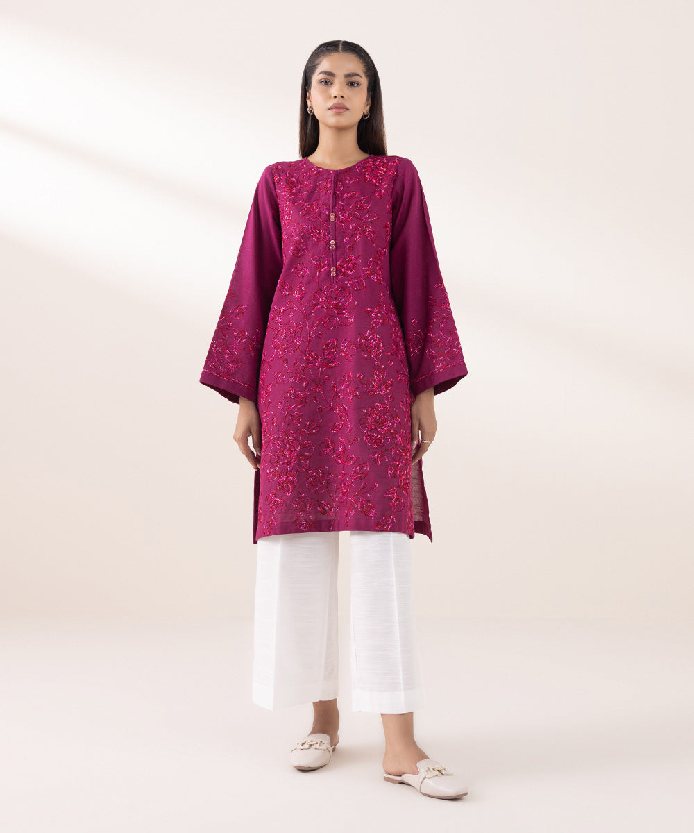 Women's Pret Khaddar Embroidered Magenta A-Line Shirt