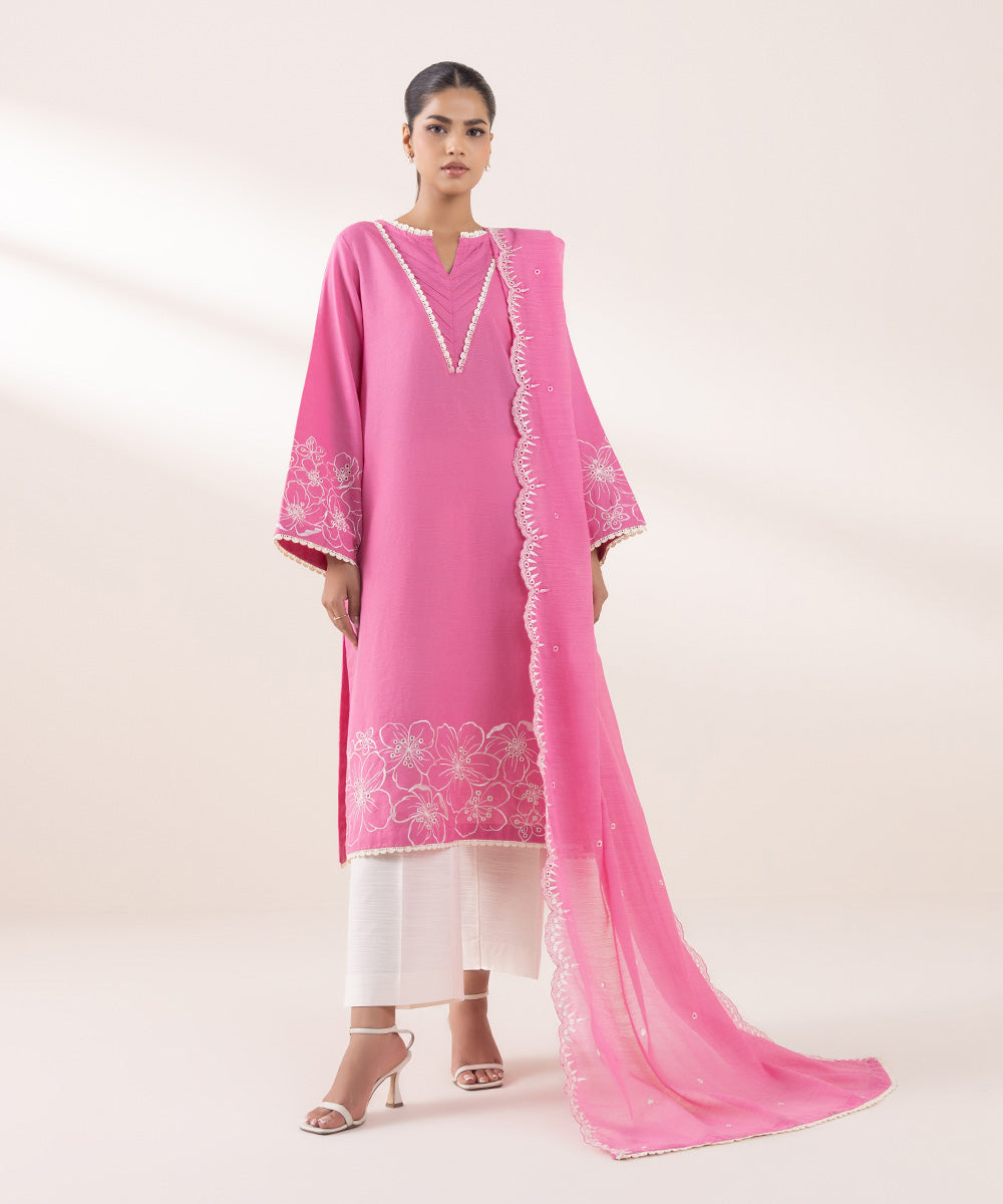 Women's Pret Khaddar Embroidered Watermelon Pink A-Line Shirt