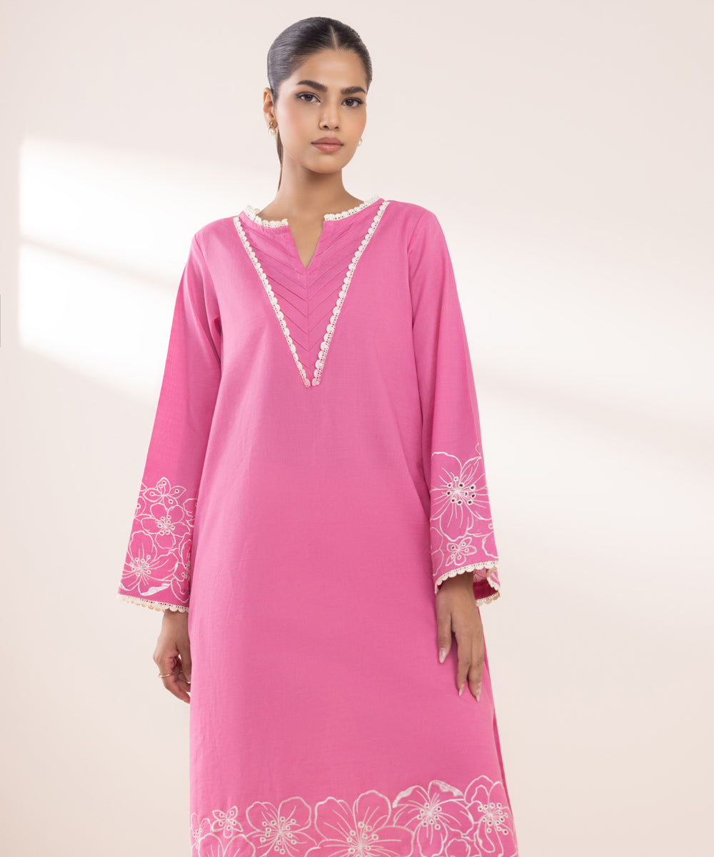 Women's Pret Khaddar Embroidered Watermelon Pink A-Line Shirt