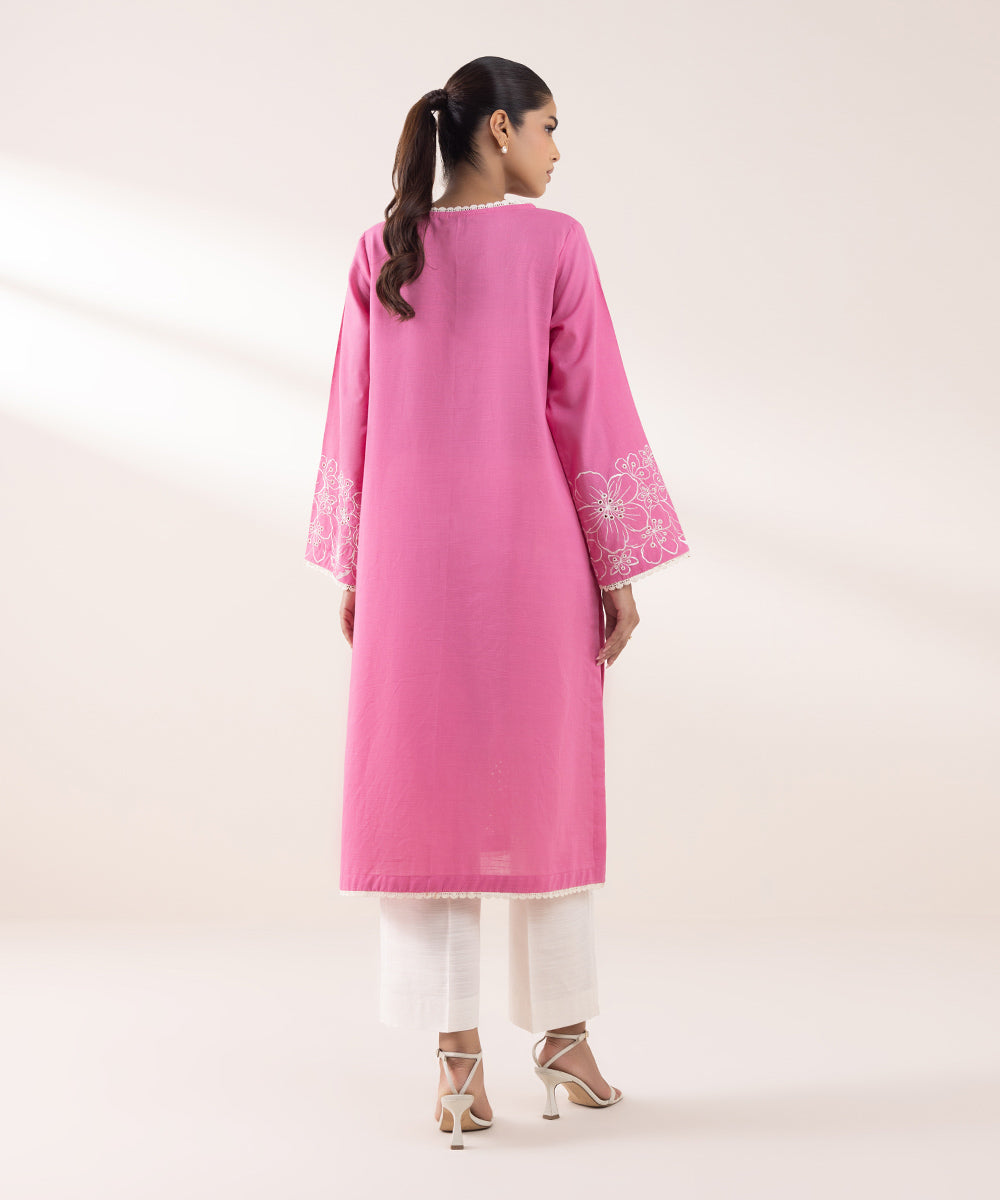 Women's Pret Khaddar Embroidered Watermelon Pink A-Line Shirt