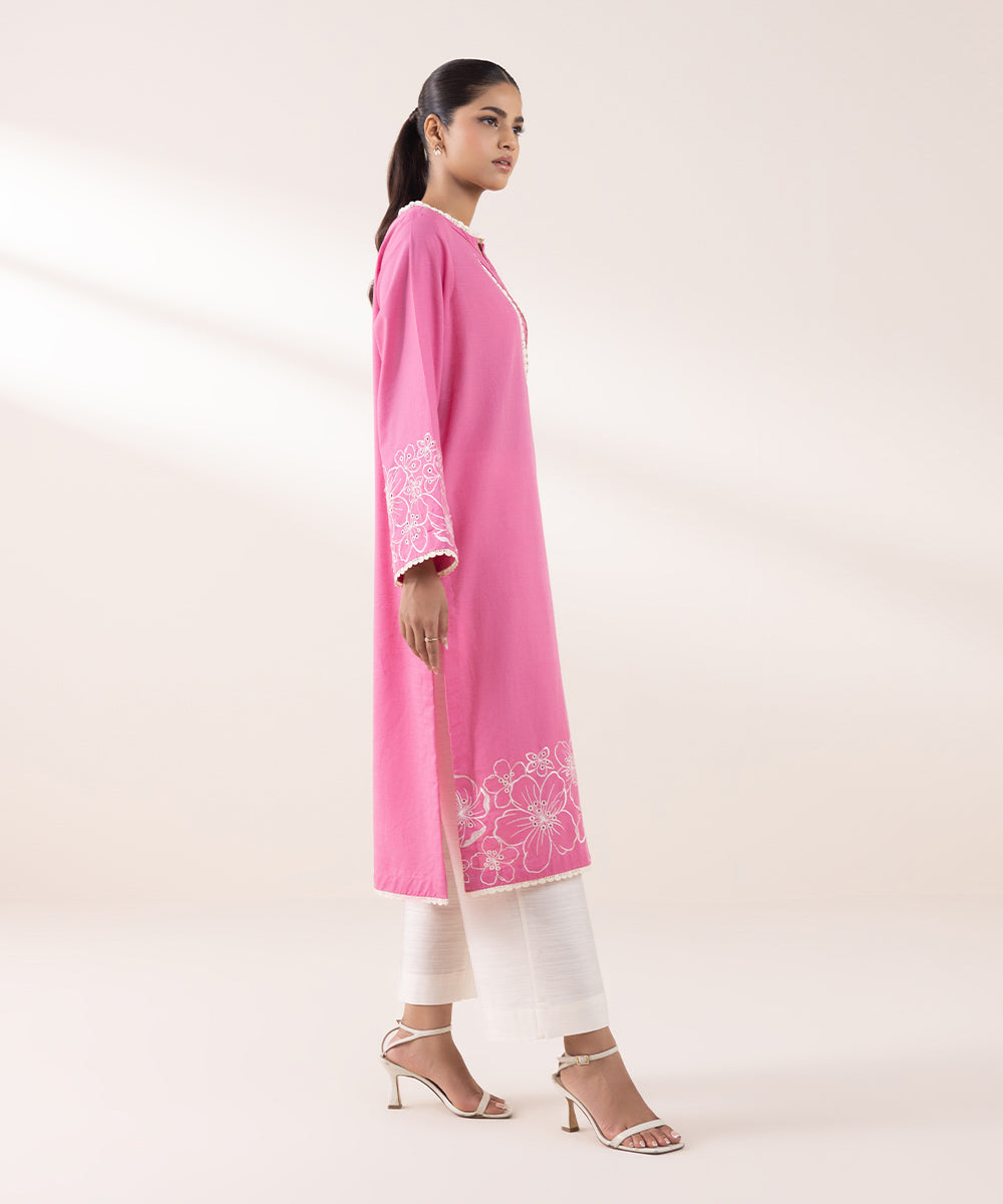 Women's Pret Khaddar Embroidered Watermelon Pink A-Line Shirt