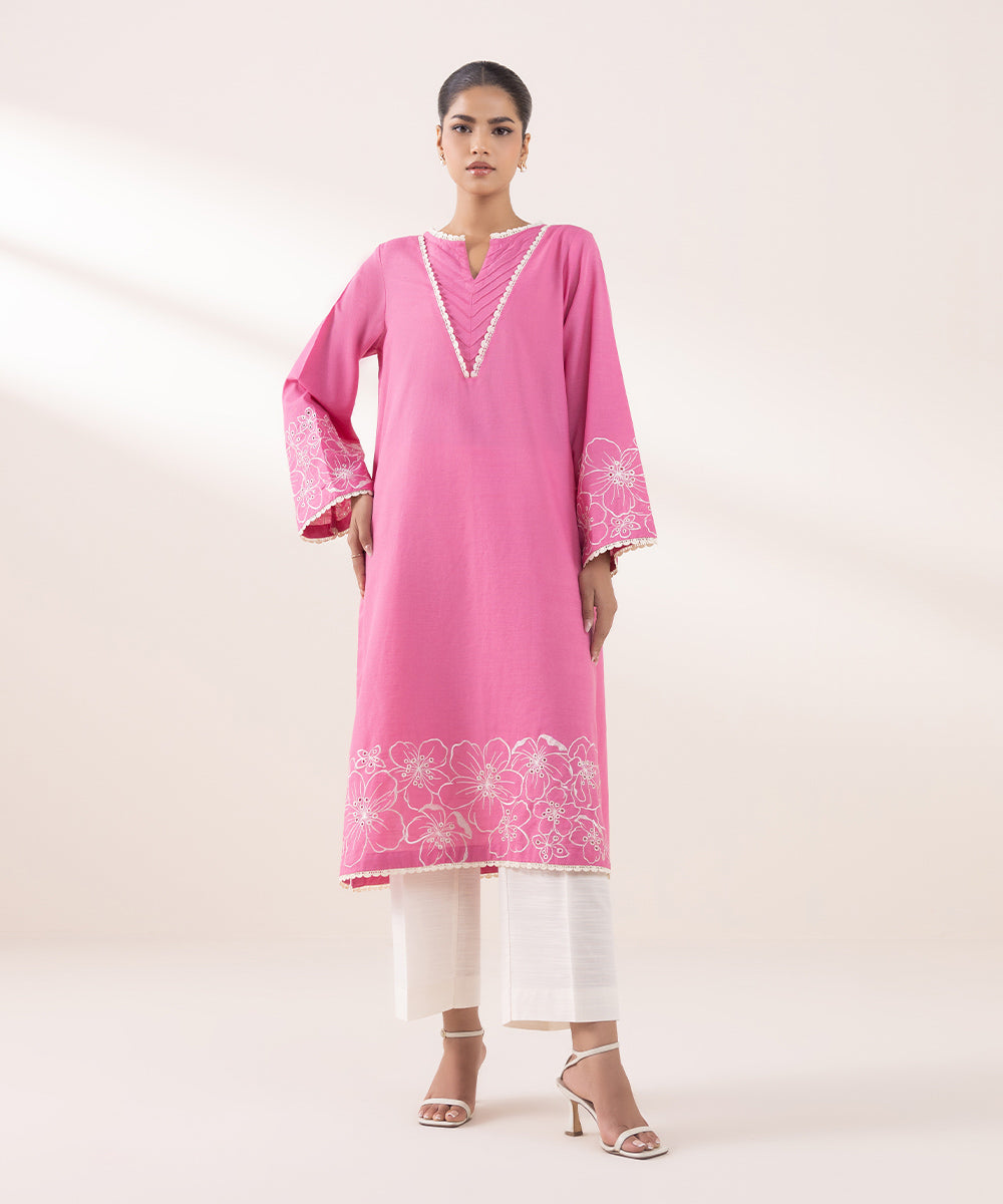 Women's Pret Khaddar Embroidered Watermelon Pink A-Line Shirt