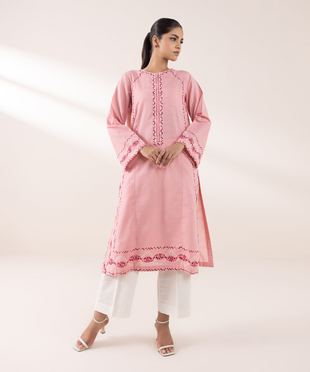 Women's Pret Khaddar Embroidered Light Pink A-Line Shirt