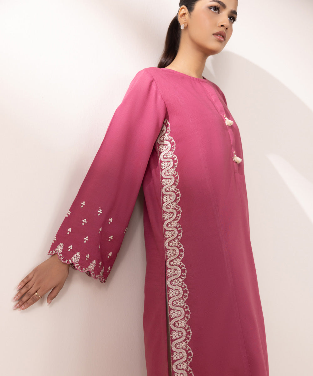 Women's Pret Khaddar Embroidered Rosewood Pink A-Line Shirt