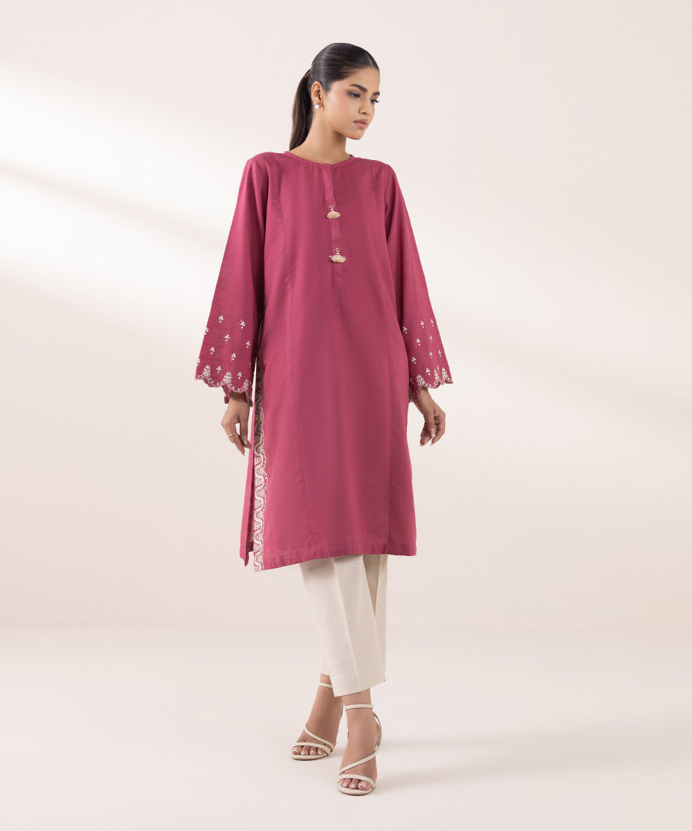 Women's Pret Khaddar Embroidered Rosewood Pink A-Line Shirt