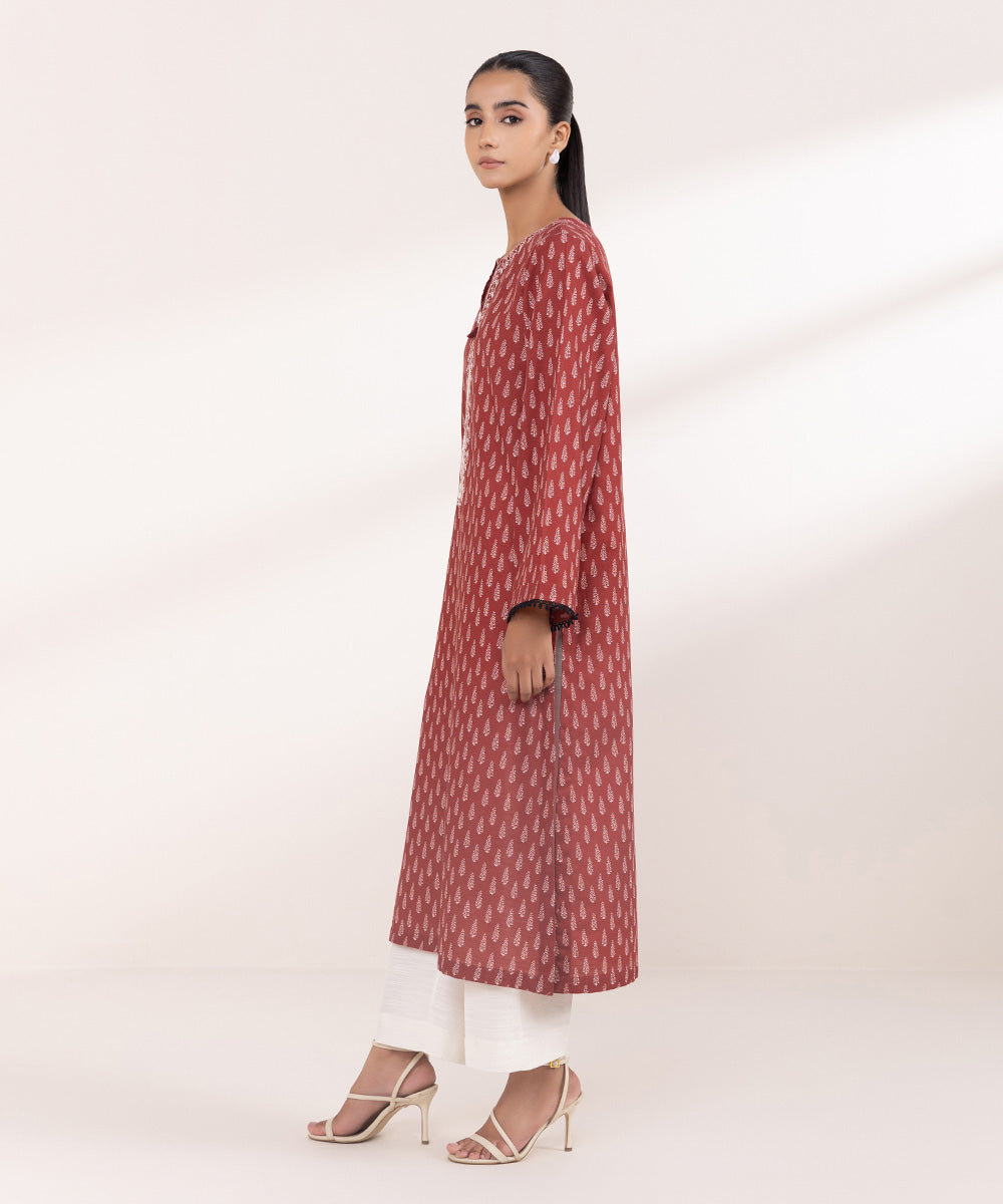 Women's Pret Khaddar Red Embroidered A-Line Shirt