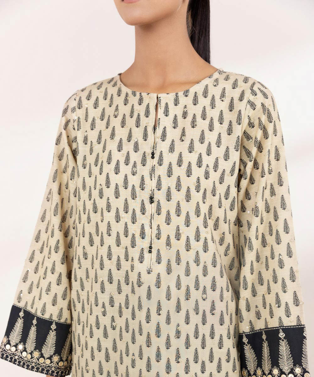 Women's Pret Khaddar Beige Embroidered A-Line Shirt