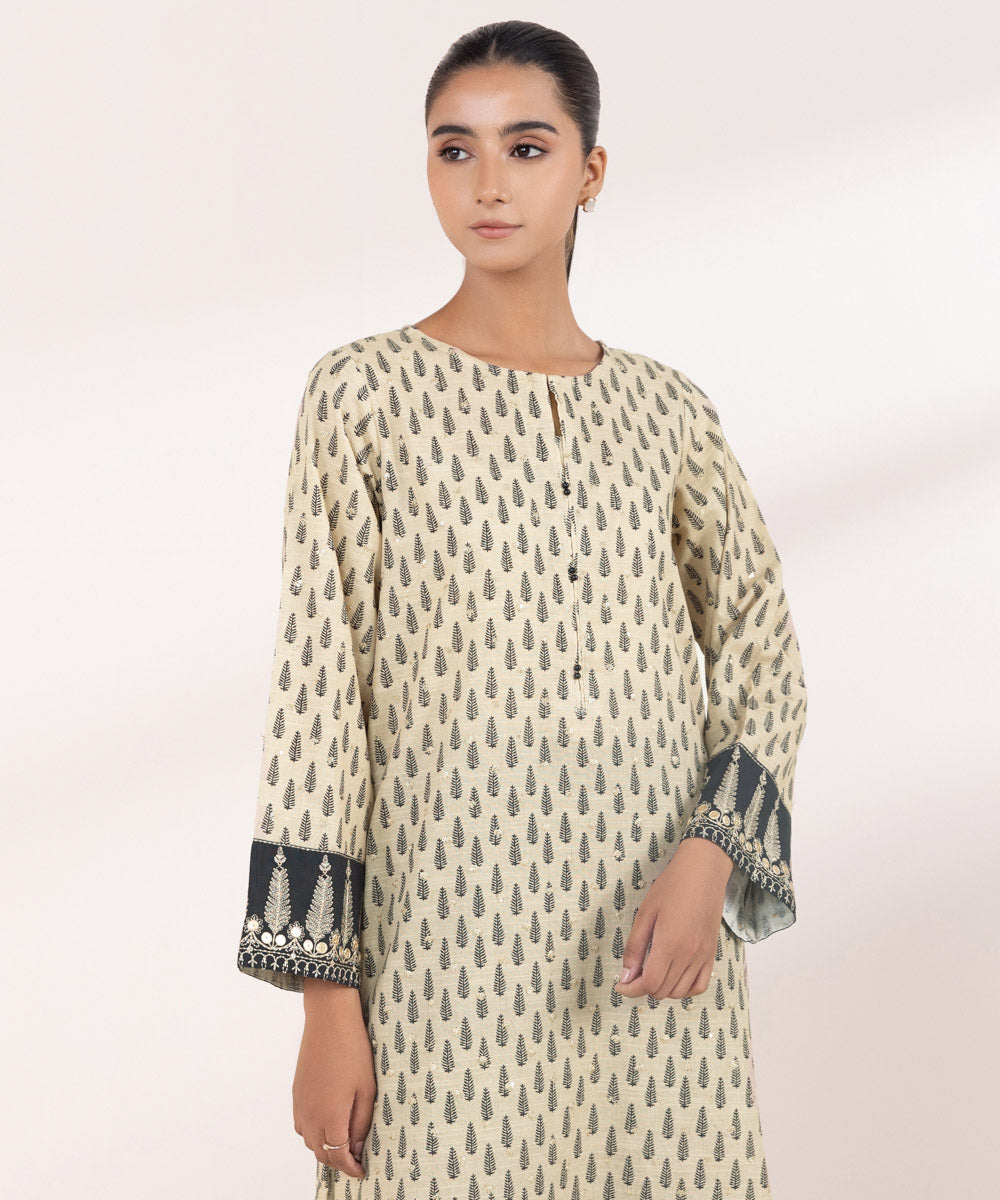 Women's Pret Khaddar Beige Embroidered A-Line Shirt