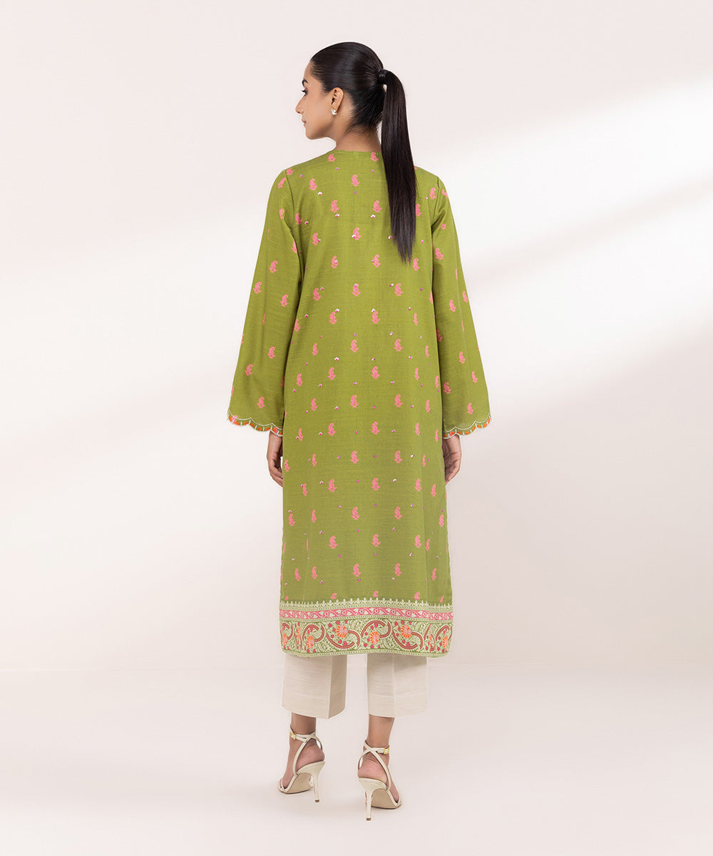 Women's Pret Khaddar Green Embroidered A-Line Shirt