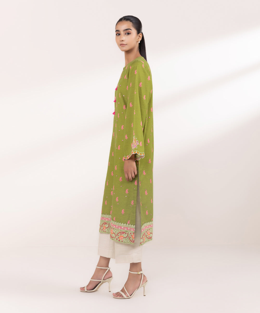 Women's Pret Khaddar Green Embroidered A-Line Shirt