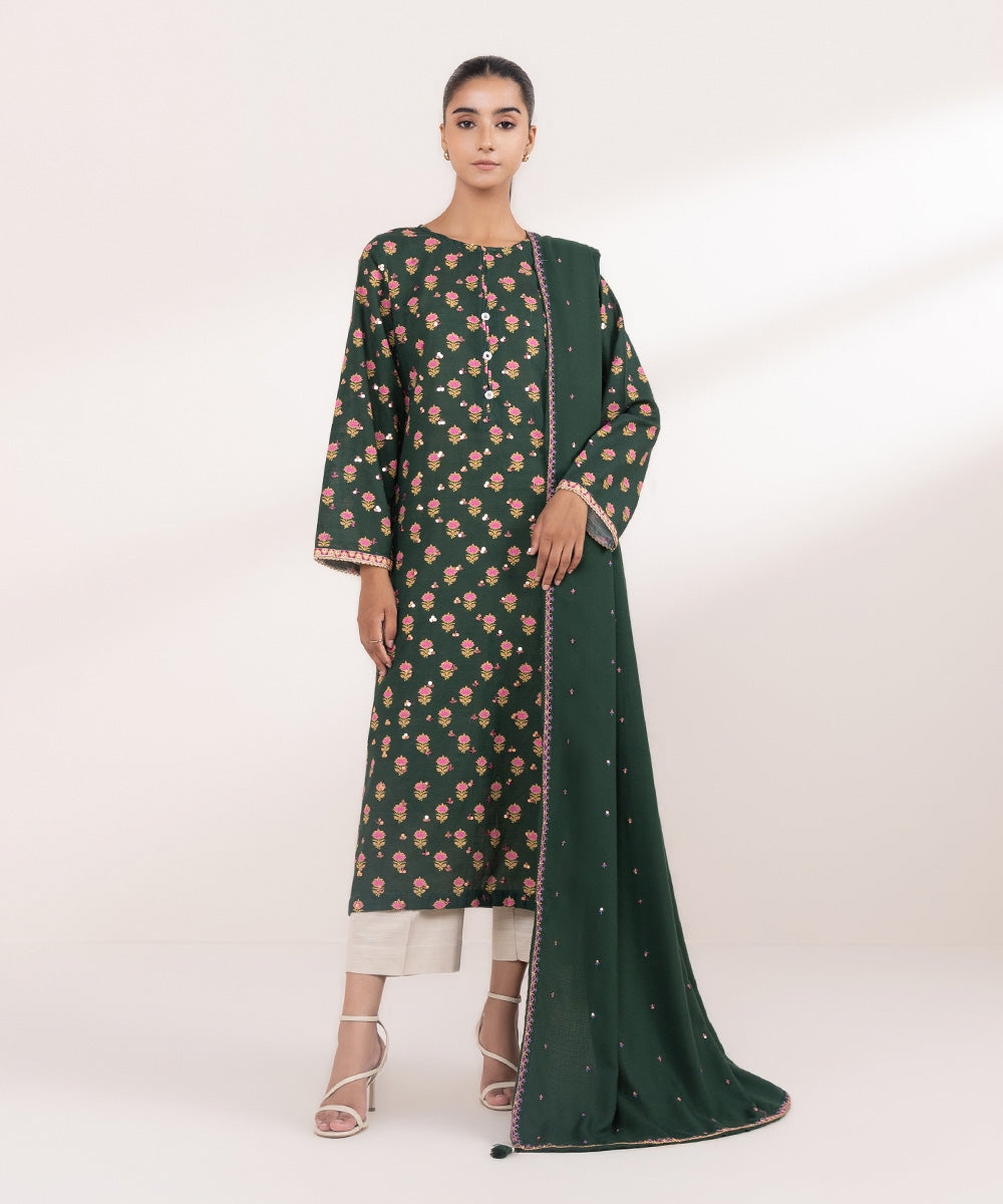 Women's Pret Khaddar Green Embroidered A-Line Shirt