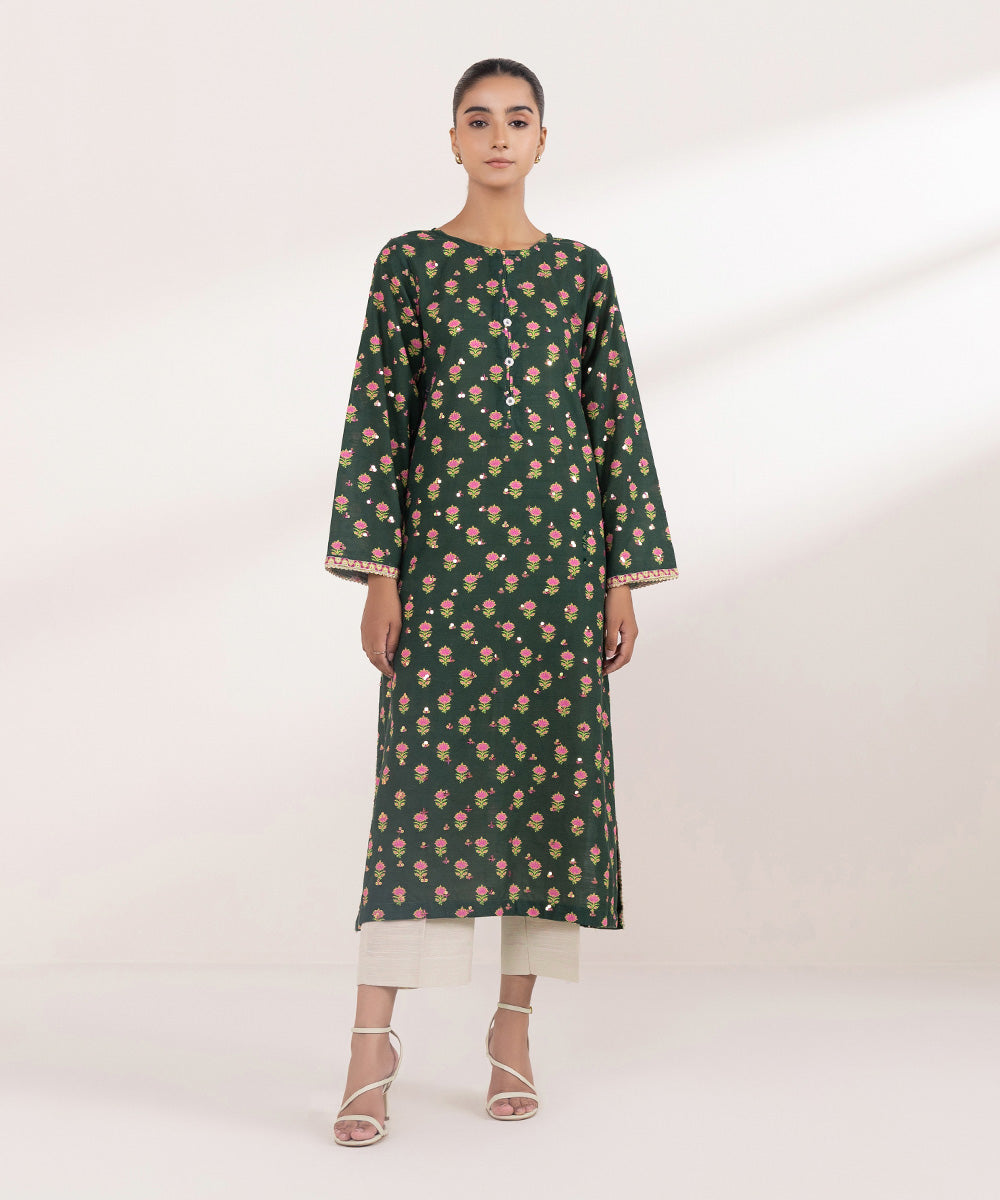 Women's Pret Khaddar Green Embroidered A-Line Shirt