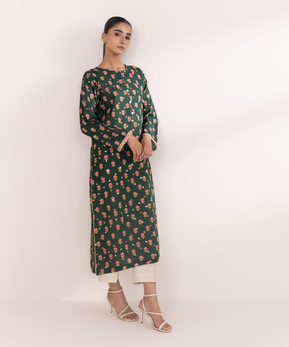 Women's Pret Khaddar Green Embroidered A-Line Shirt