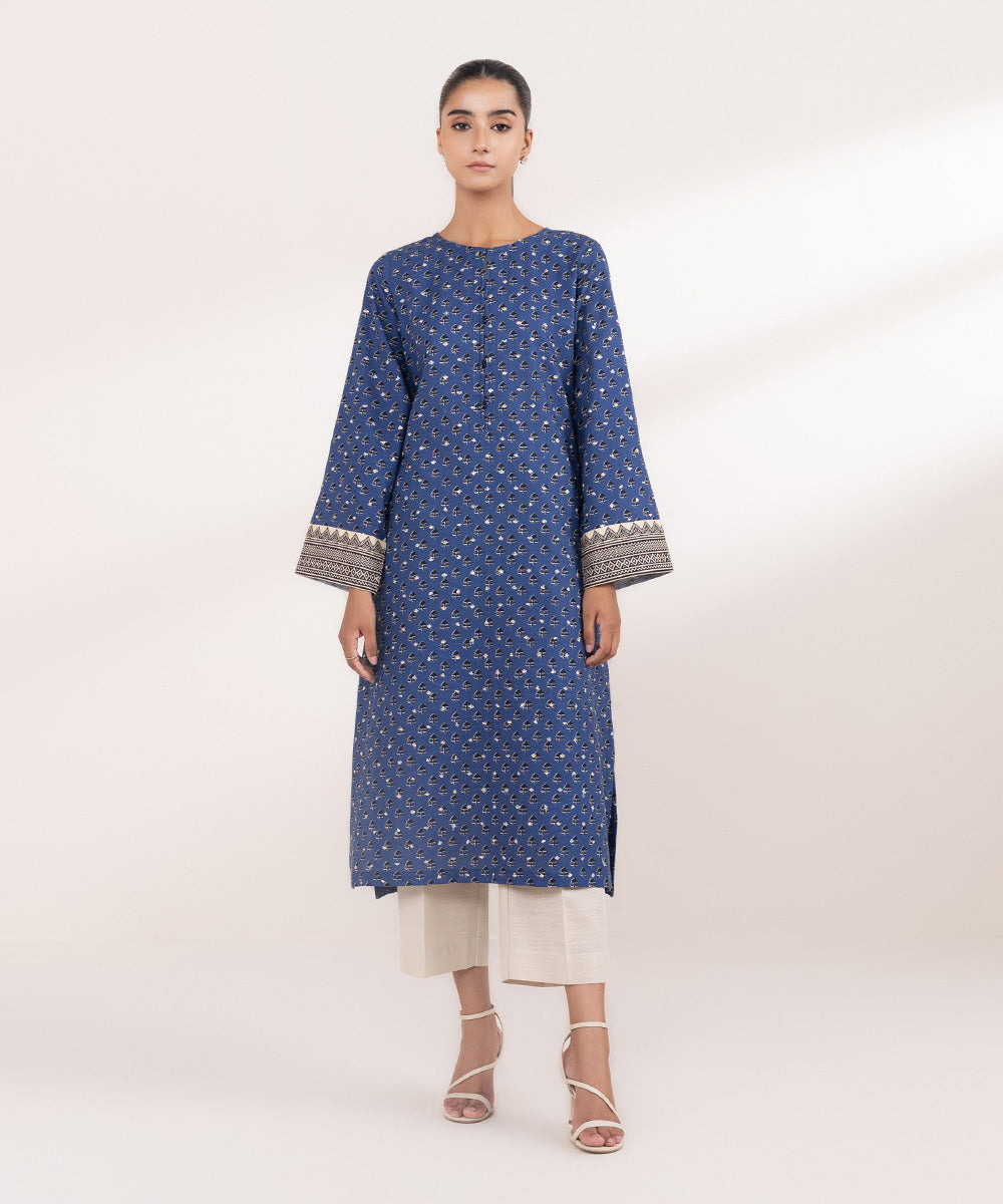 Women's Pret Khaddar Blue Embroidered A-Line Shirt