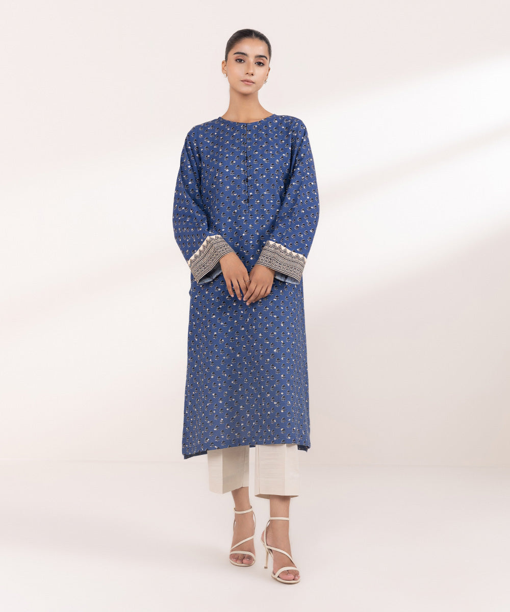 Women's Pret Khaddar Blue Embroidered A-Line Shirt