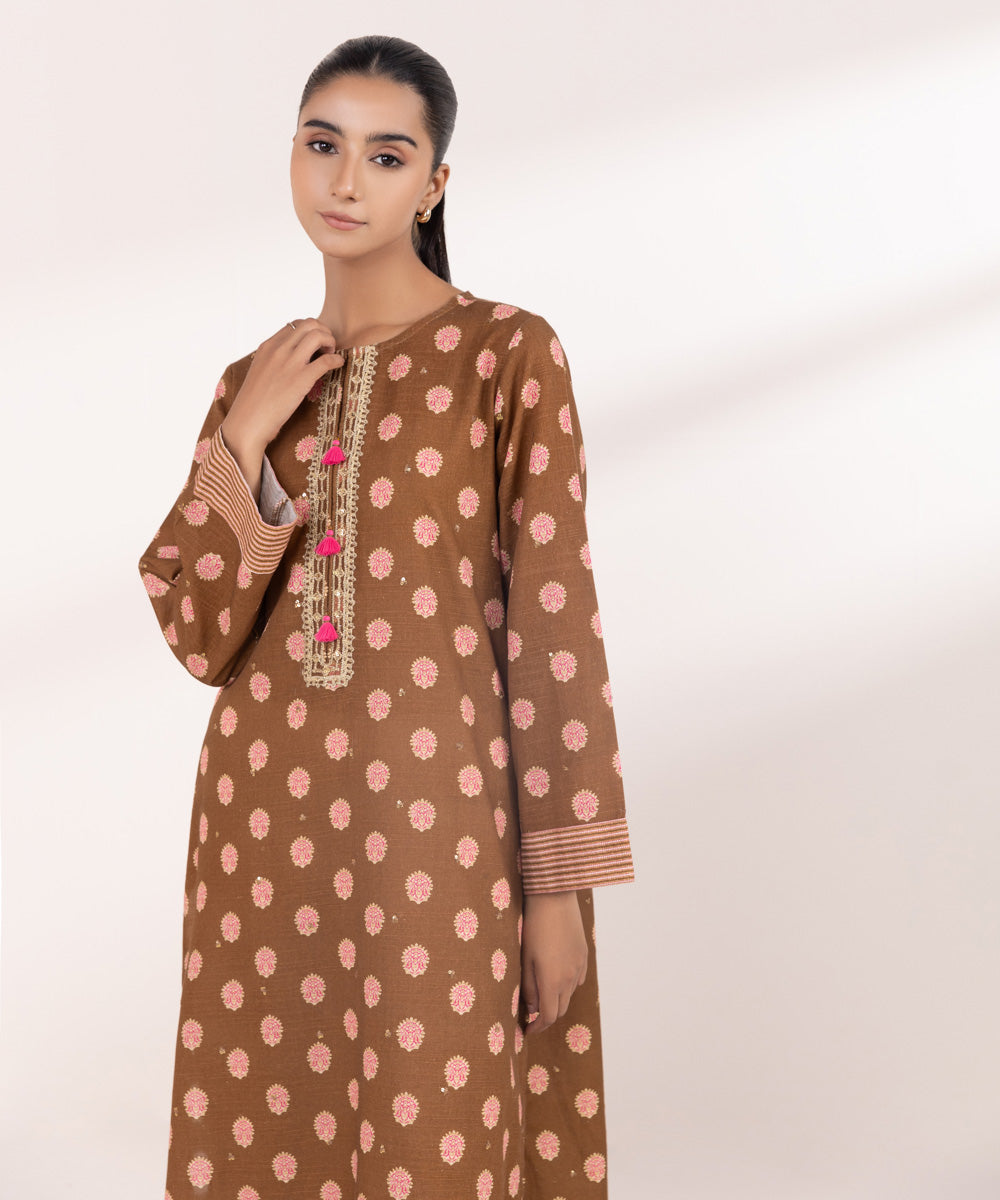 Women's Pret Khaddar Brown Embroidered A-Line Shirt