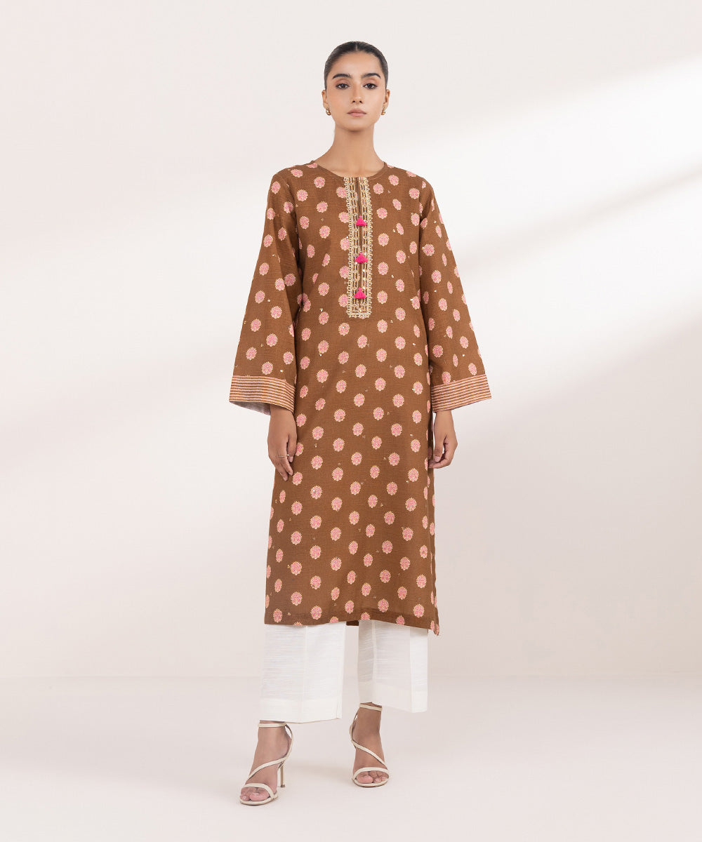 Women's Pret Khaddar Brown Embroidered A-Line Shirt