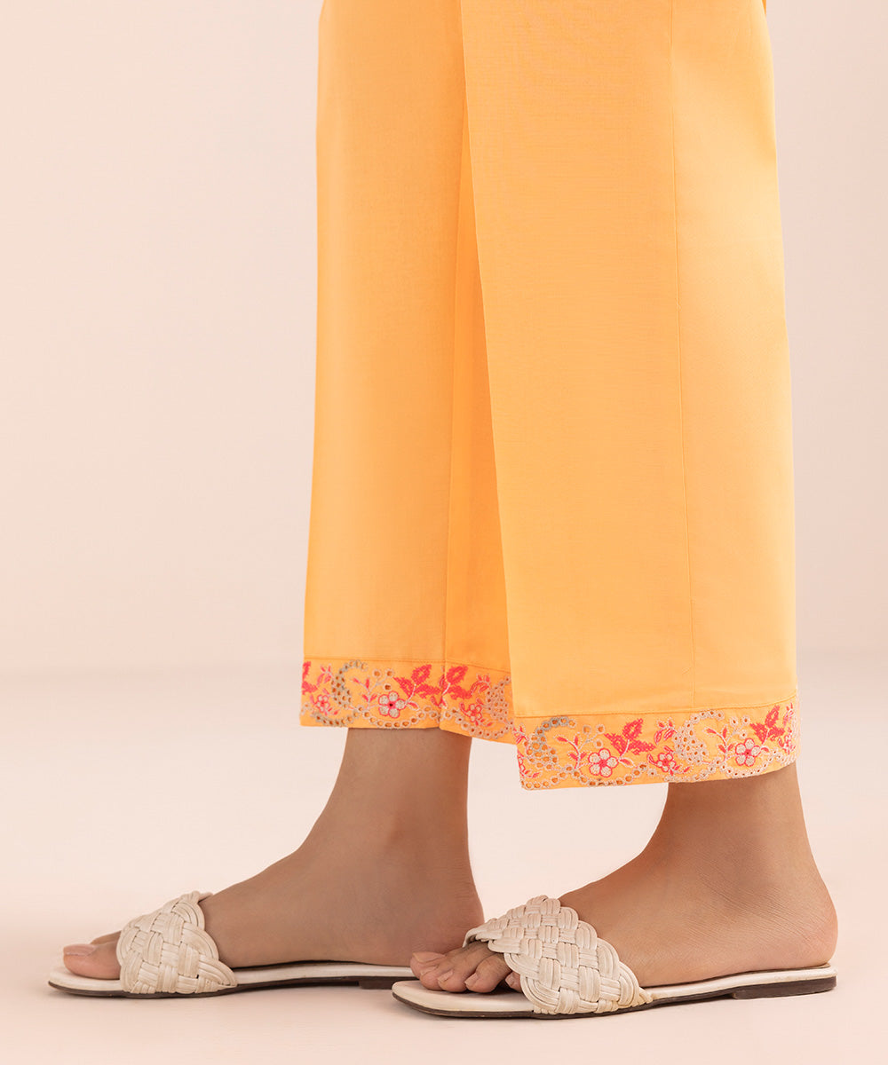 Women's Pret Cambric Orange Embroidered Straight Pants