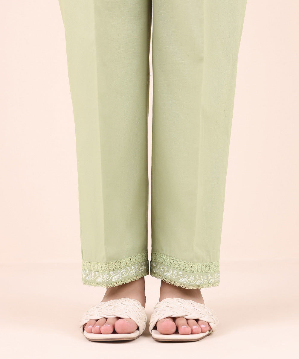 Women's Pret Cambric Green Embroidered Straight Pants