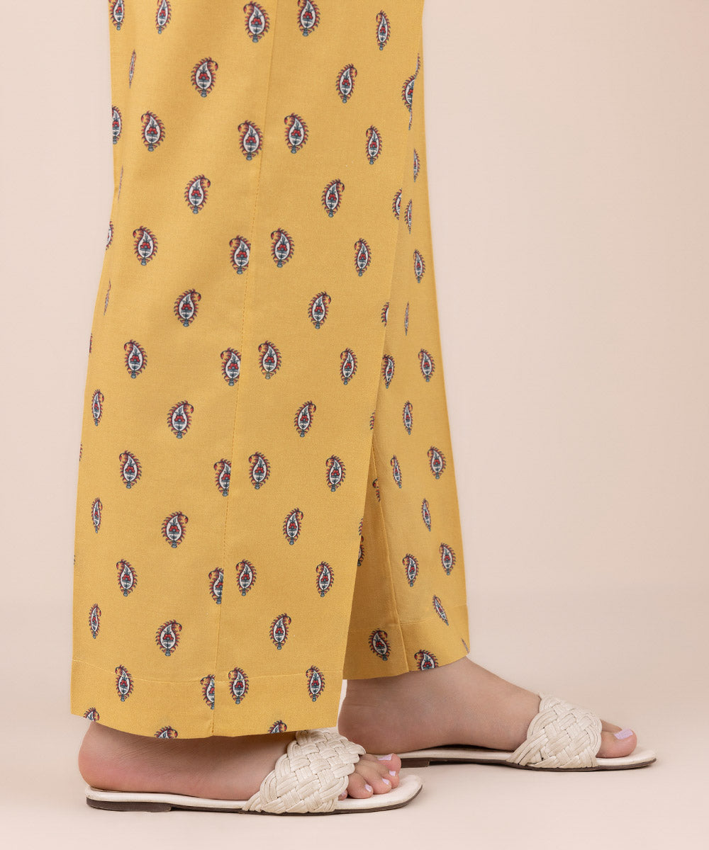 Women's Pret Cambric Yellow Printed Straight Pants