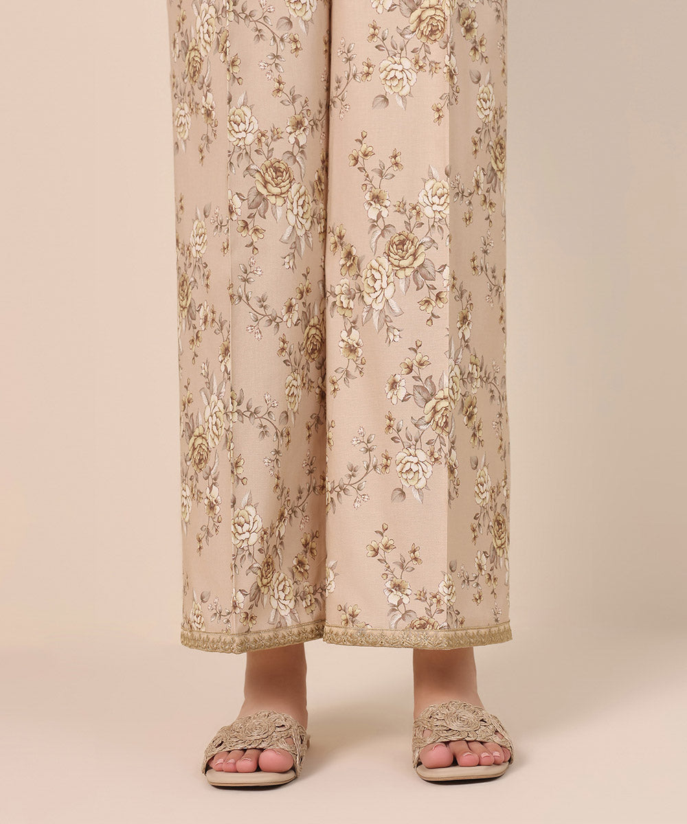 Women's Pret Cambric Beige Printed Embroidered Culottes