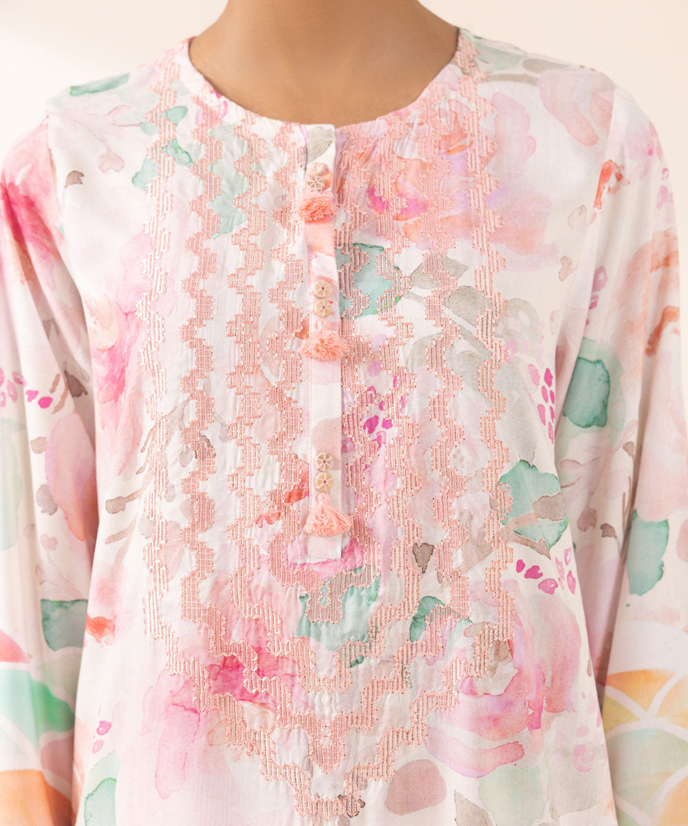 Women's Pret Arabic Lawn Printed Embroidered Pink Straight Shirt