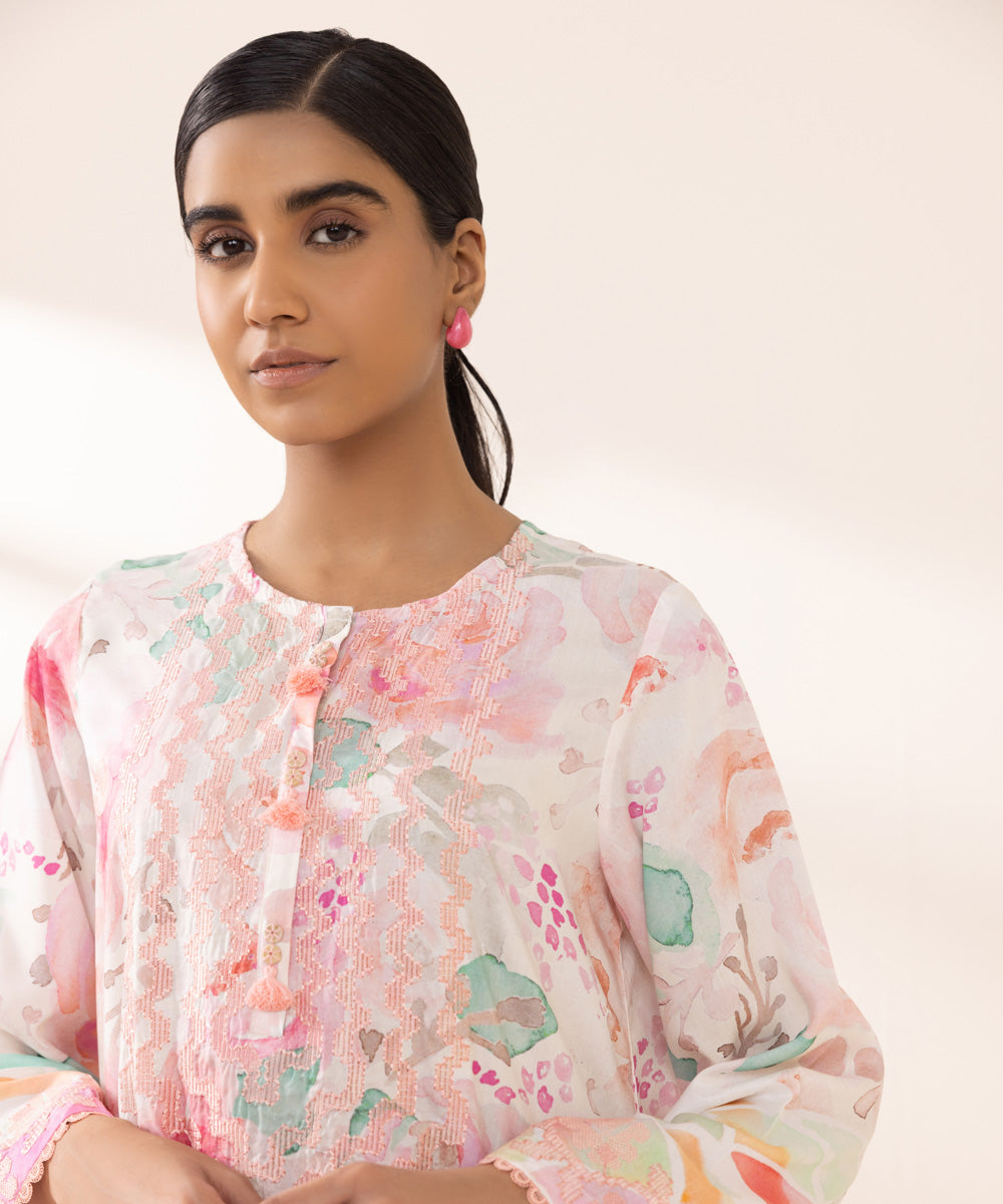 Women's Pret Arabic Lawn Printed Embroidered Pink Straight Shirt