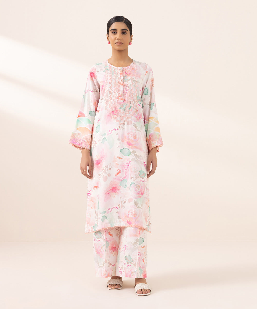 Women's Pret Arabic Lawn Printed Embroidered Pink Straight Shirt