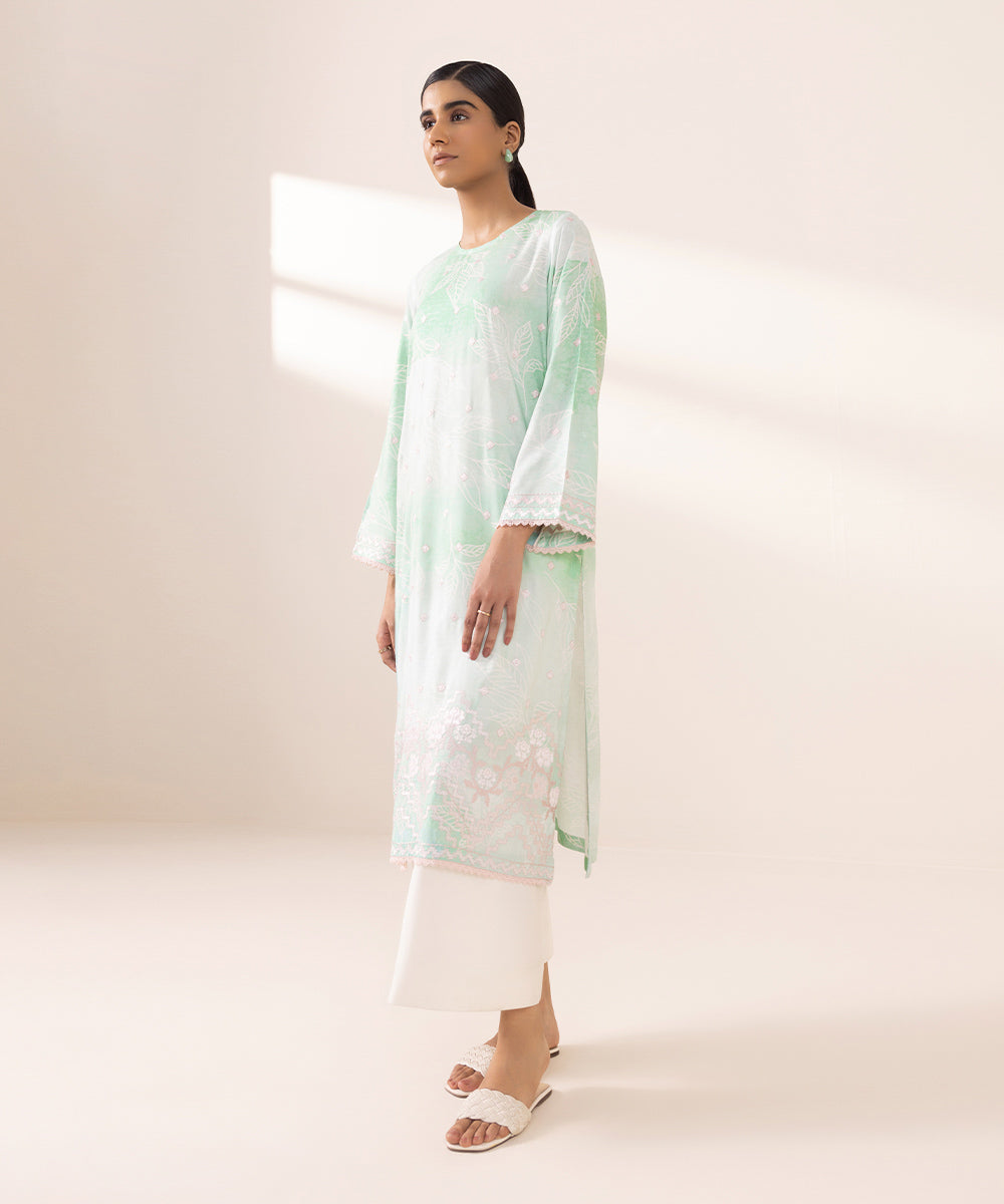 Women's Pret Arabic Lawn Printed Embroidered Green Straight Shirt