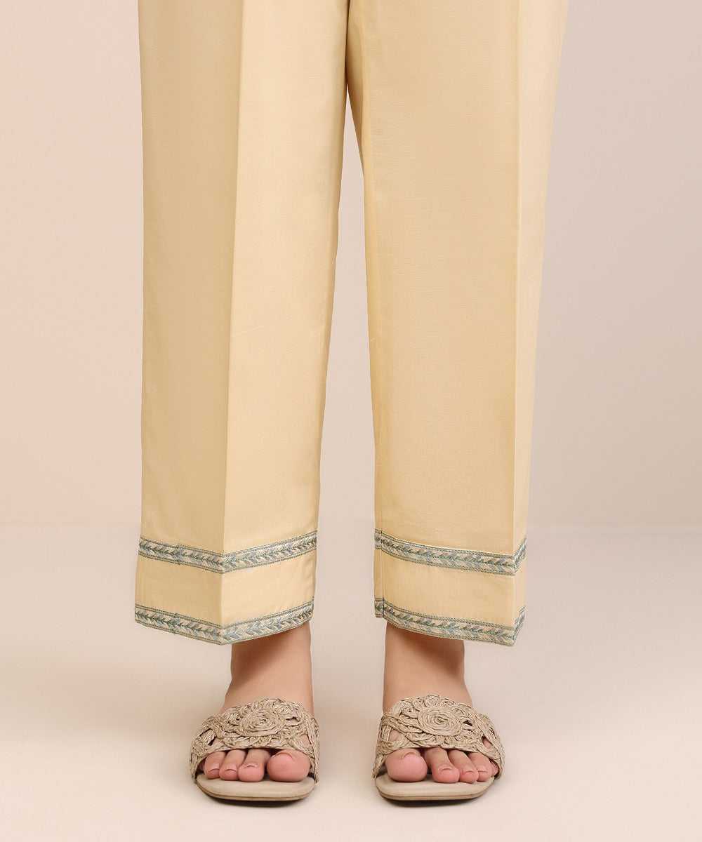 Women's Pret Cambric Yellow Solid Embroidered Straight Pants