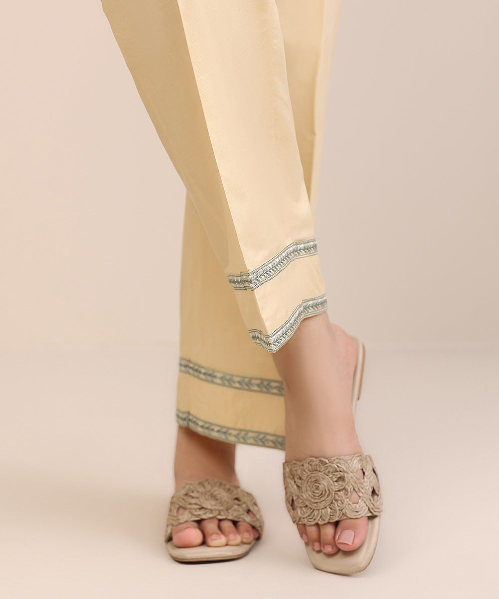 Women's Pret Cambric Yellow Solid Embroidered Straight Pants