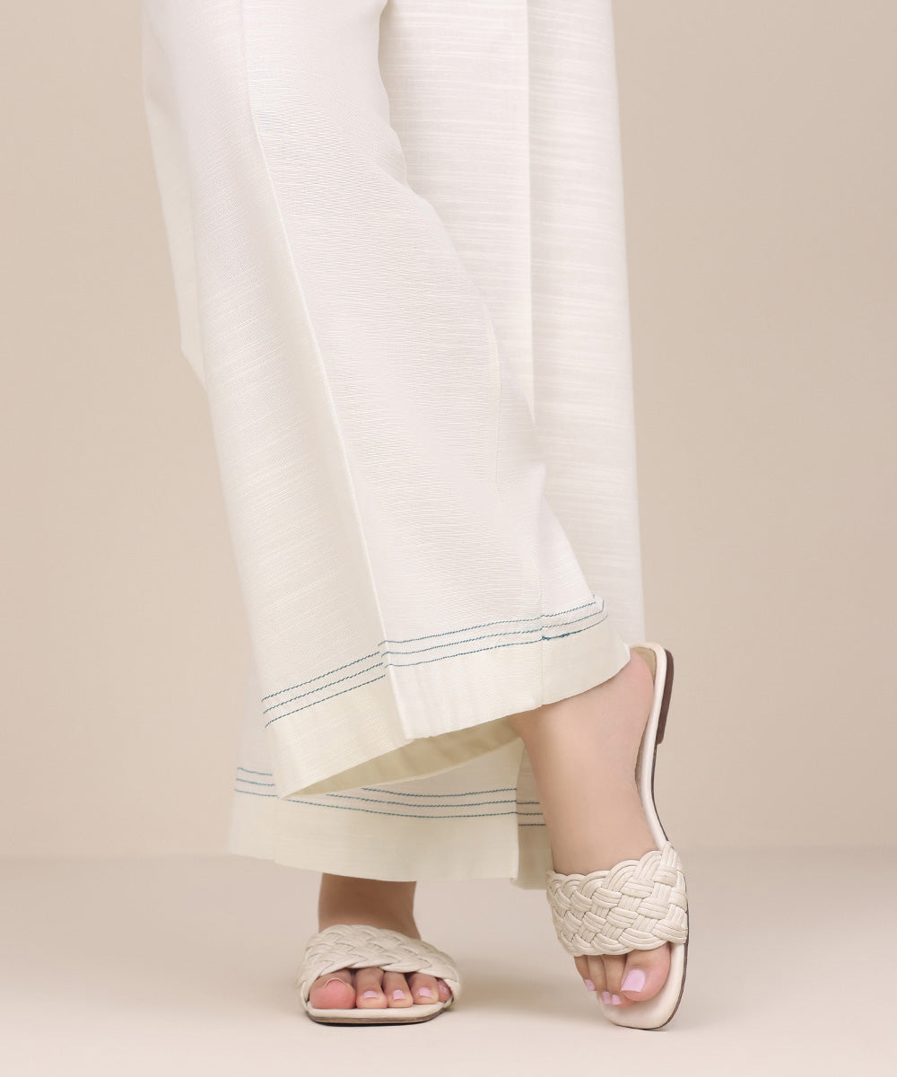 Women's Pret Khaddar Off White Solid Flared Pants