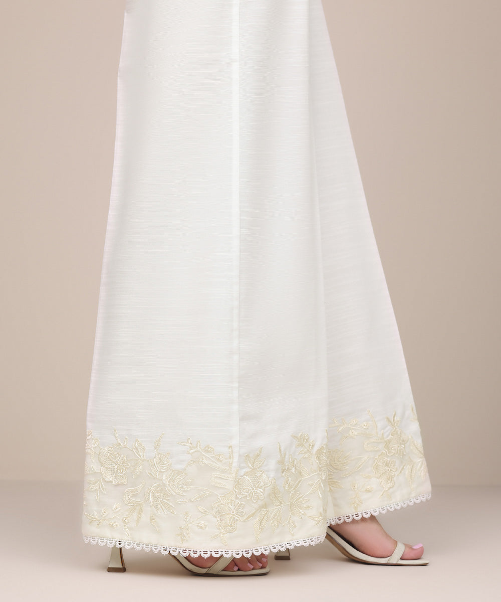 Women's Pret Khaddar White Embroidered Flared Pants