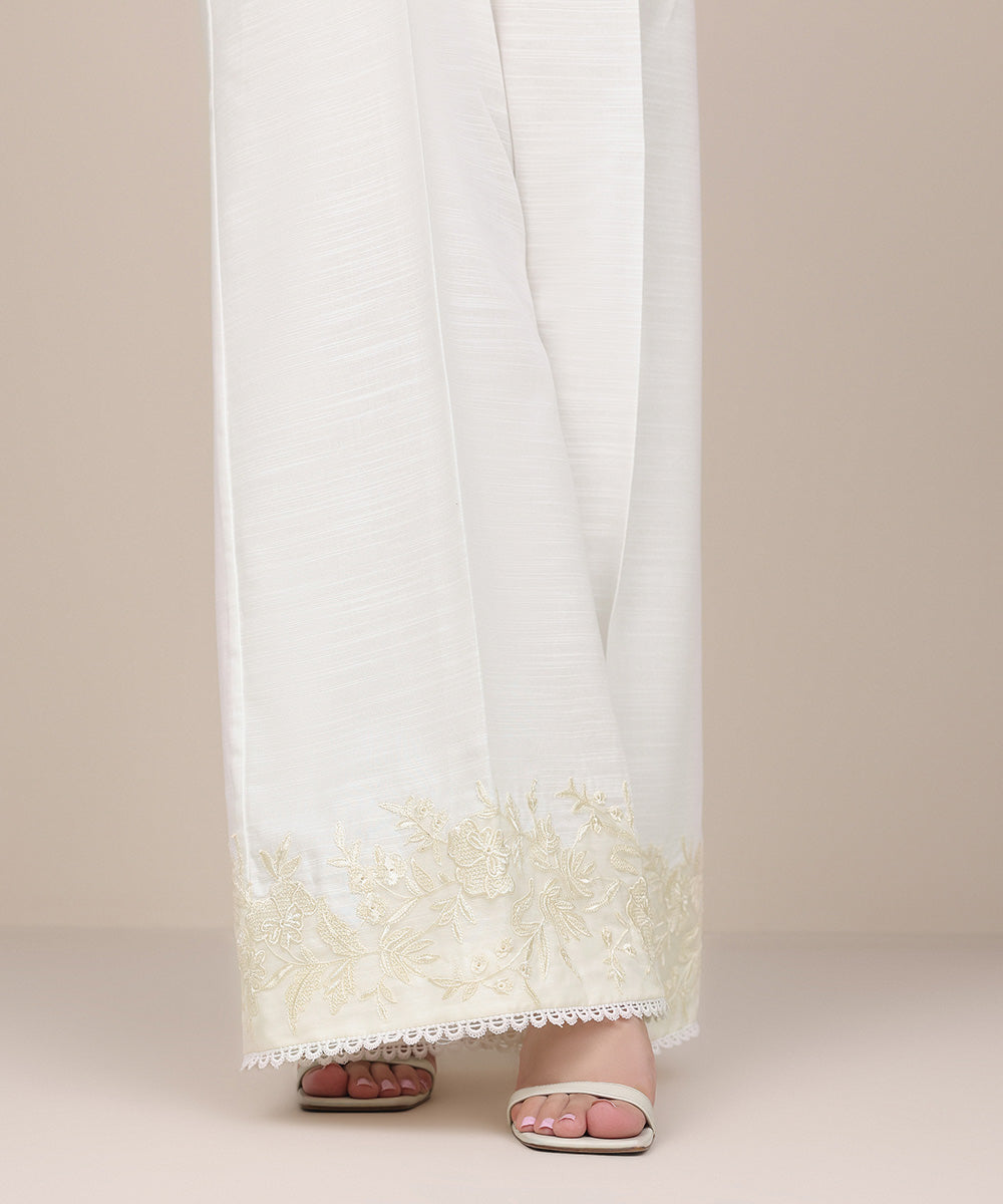 Women's Pret Khaddar White Embroidered Flared Pants