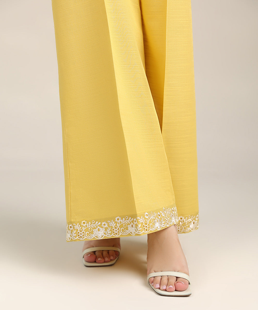 Women's Pret Khaddar Yellow Embroidered Flared Pants