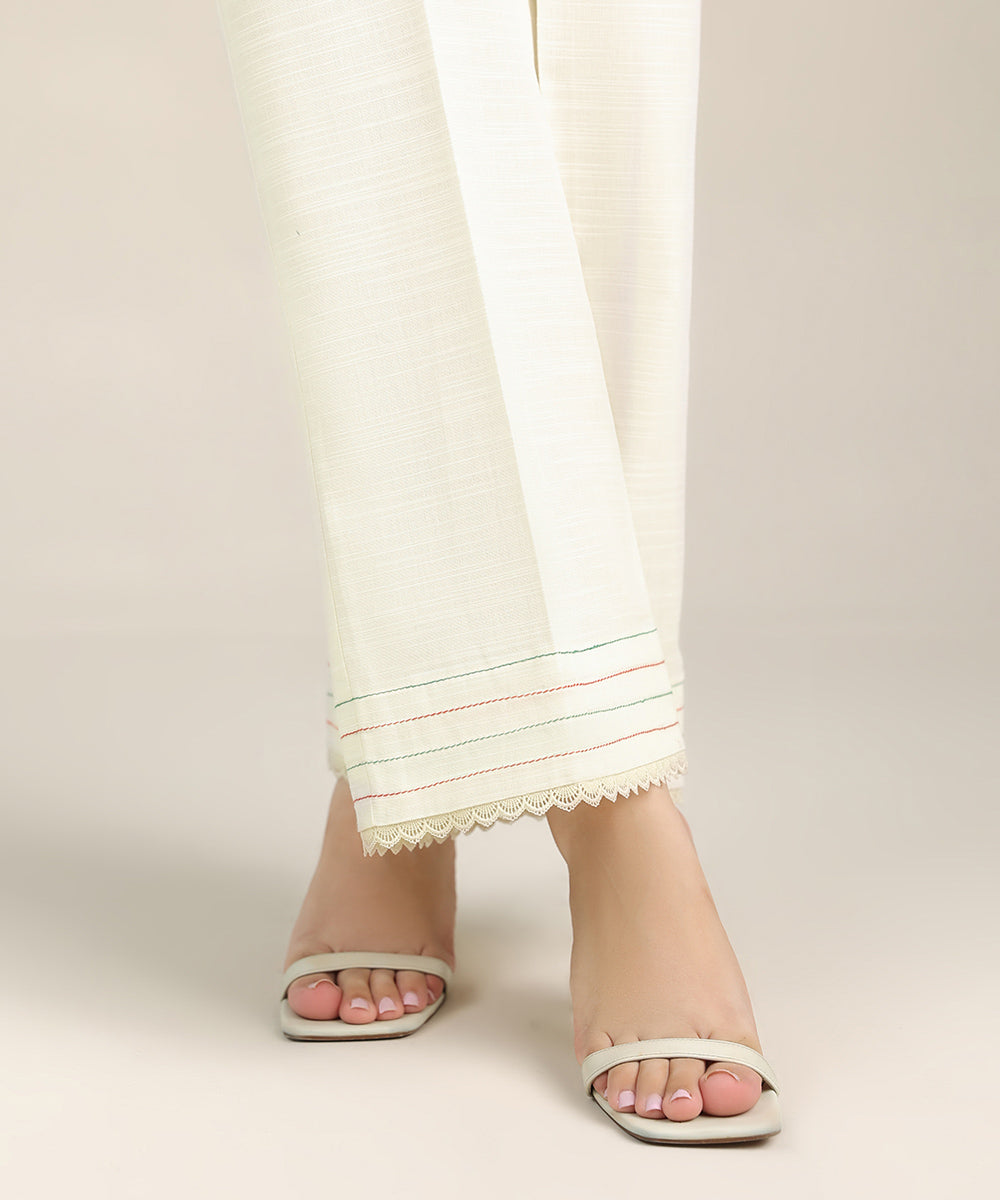 Women's Pret Khaddar Off White Solid Straight Pants