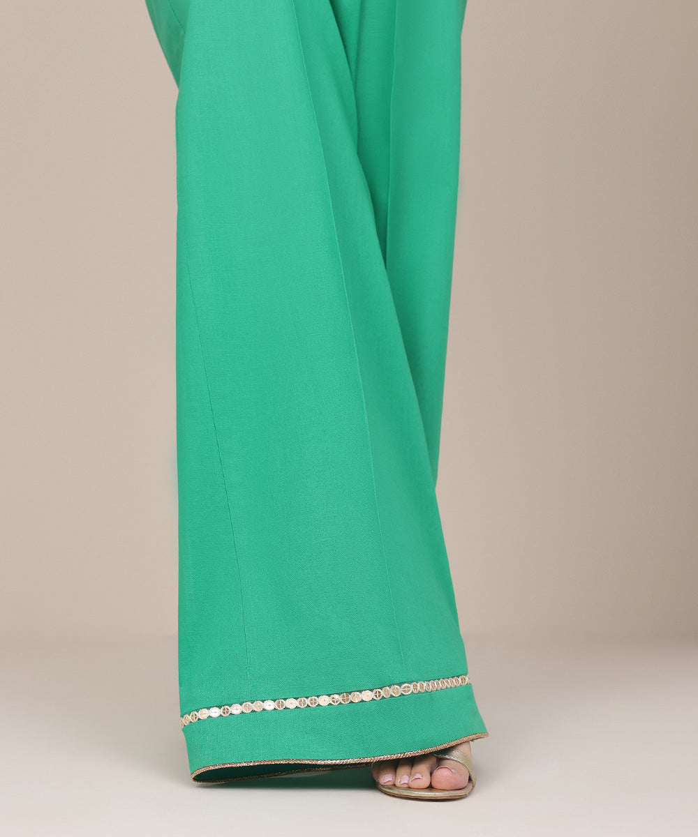 Women's Pret Khaddar Green Solid Flared Pants