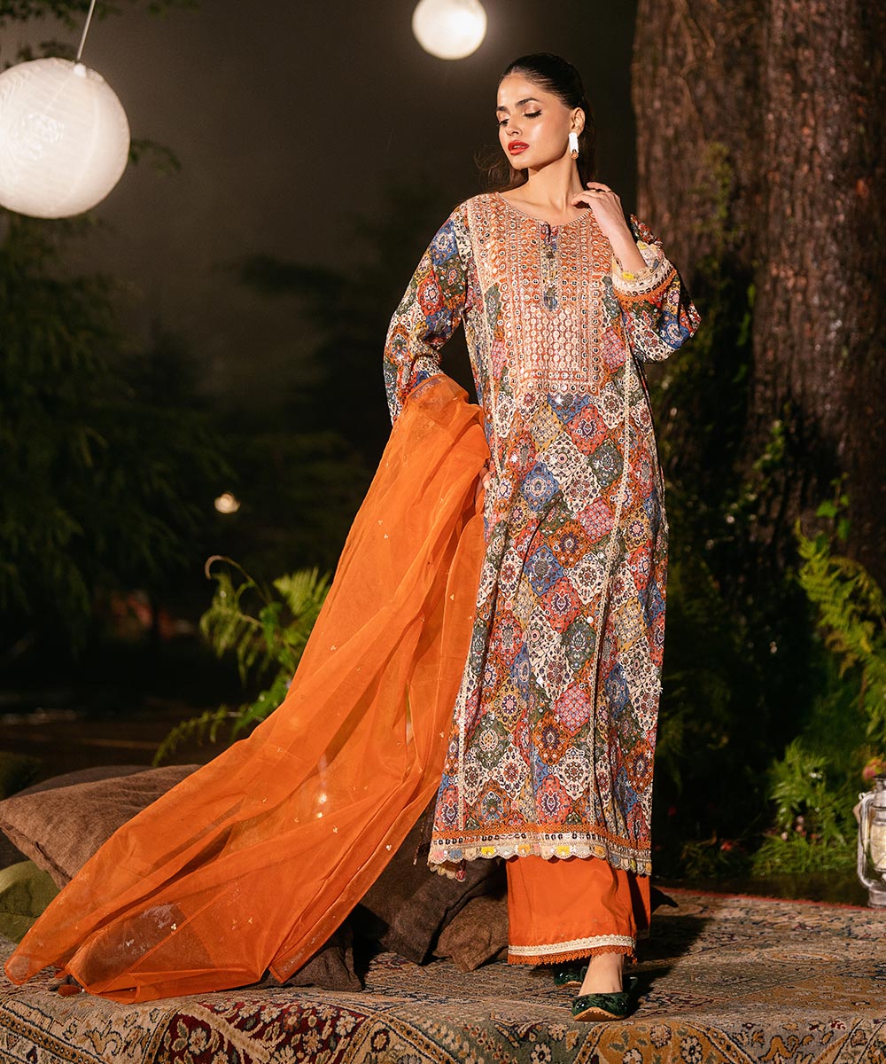 Blended Organza Orange Solid Dupatta