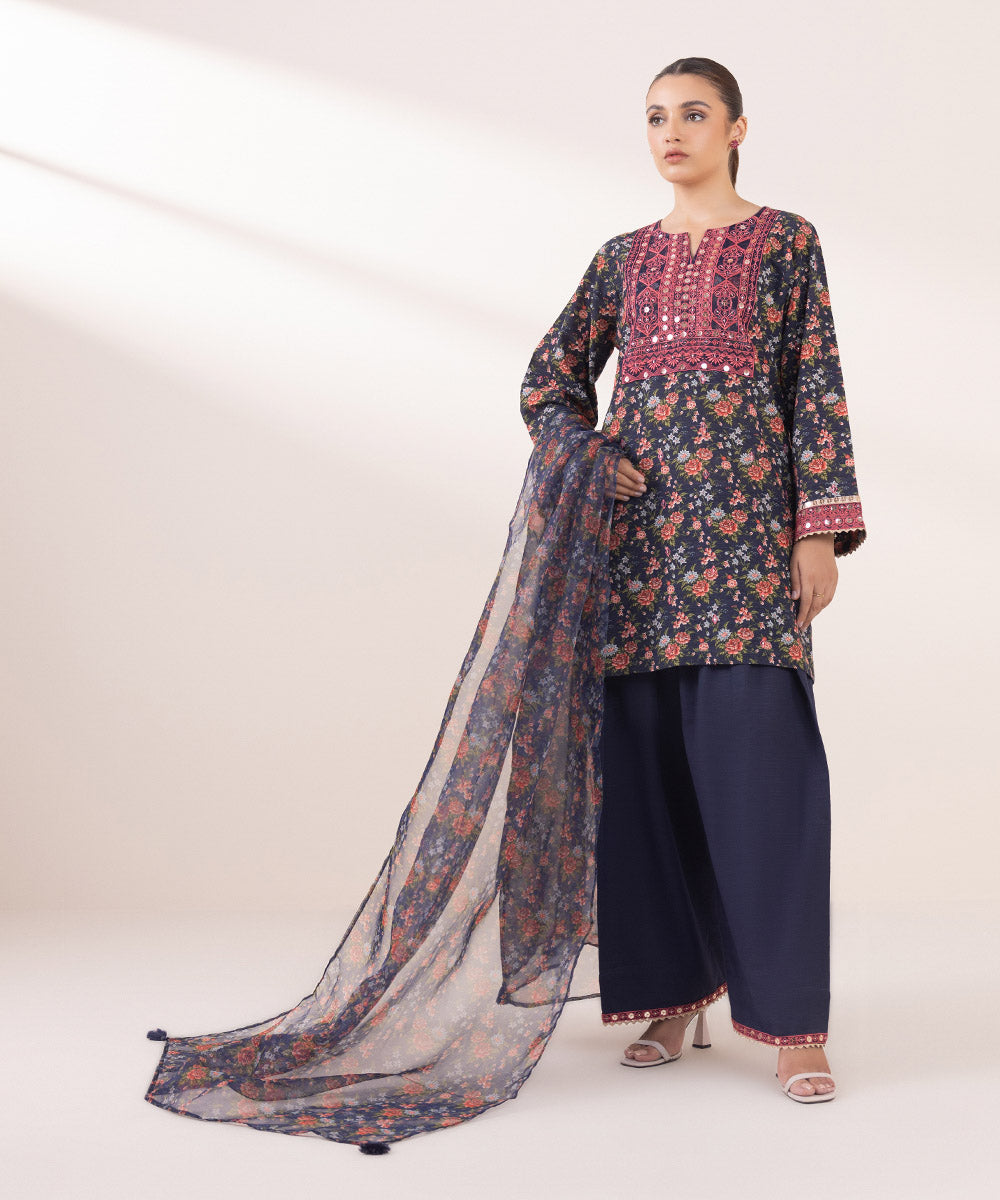 Blended Organza Blue Printed Dupatta